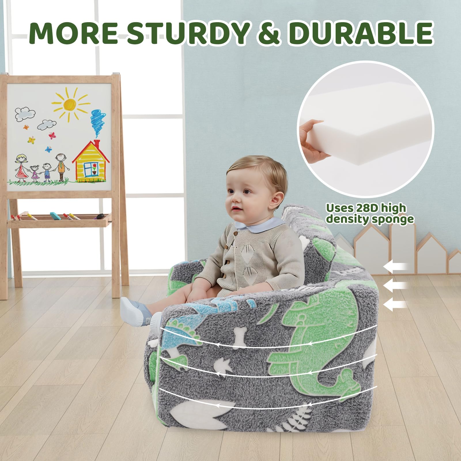 Yosamy Kindersofa, 2 in 1 Kindersofa Ausklappbar, Schlafsofa, Abnehmbar und Waschbar, Mini Spielsofa für Jungen und Mädchen Kinderzimmer, Dinosauriermuster - Image 3