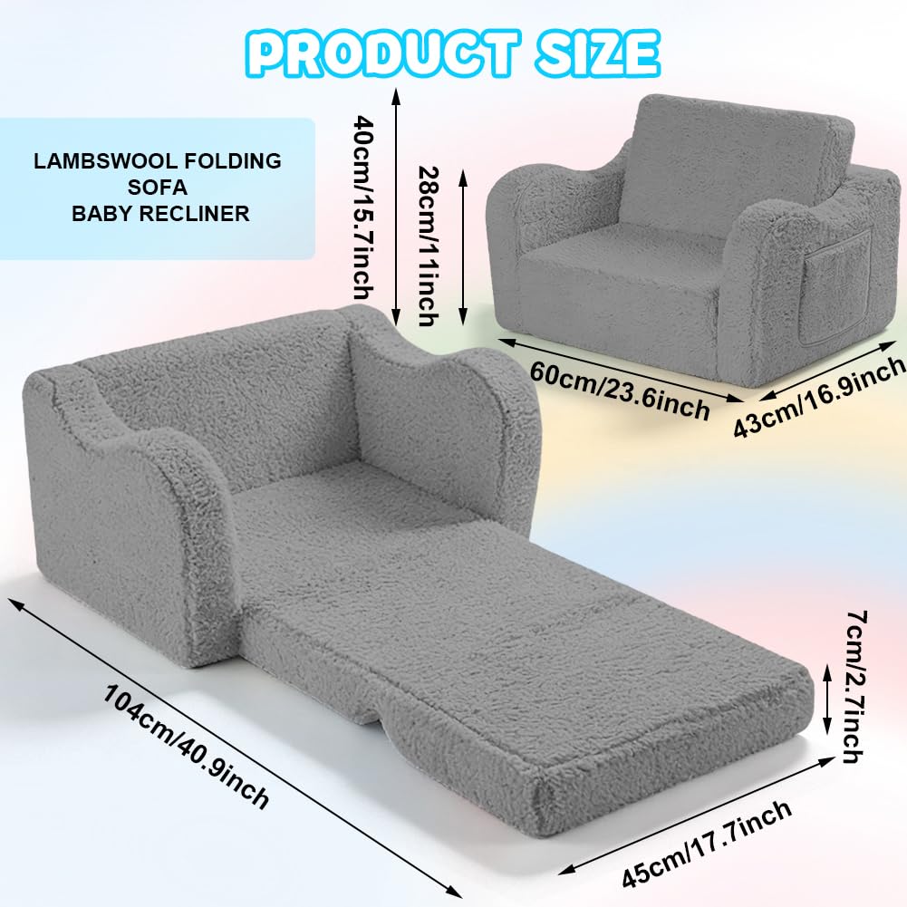 Zinueen Kindersofa Ausklappbar, 2-in-1 Kindersessel ab 1 Jahr & Kindercouch mit Abnehmbarem Cover – Kuschelecke Kinderzimmer, Weich & Sicher für Mädchen und Jungen (Grau) - Image 2