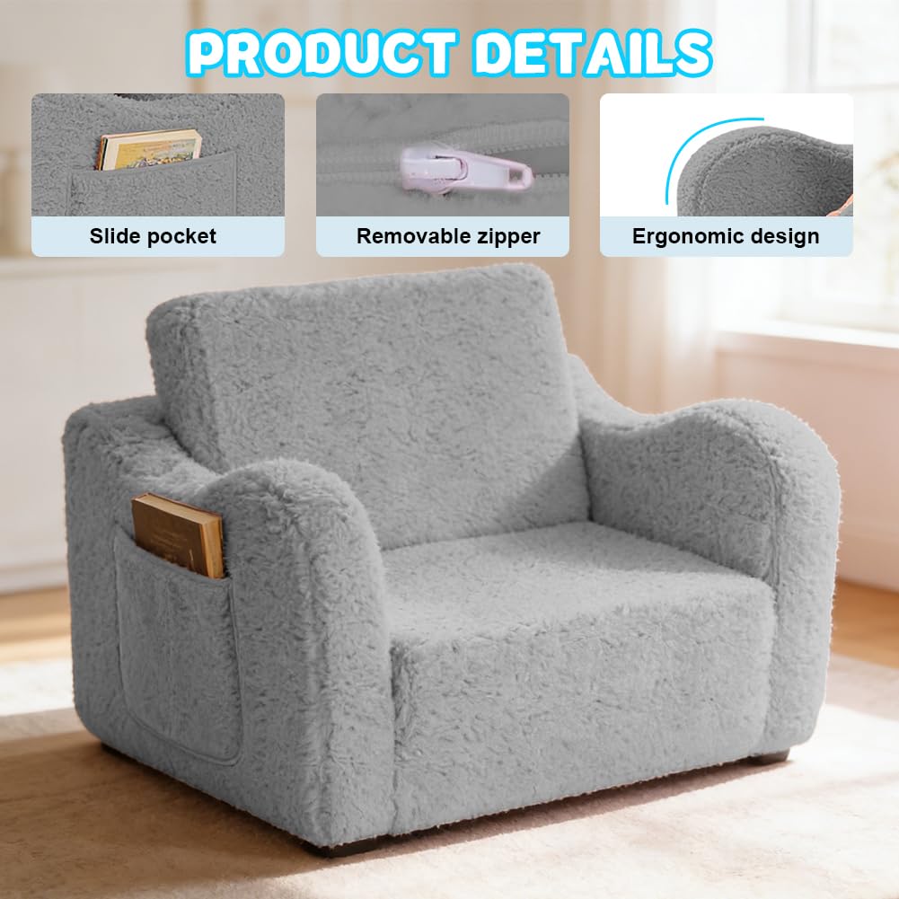 Zinueen Kindersofa Ausklappbar, 2-in-1 Kindersessel ab 1 Jahr & Kindercouch mit Abnehmbarem Cover – Kuschelecke Kinderzimmer, Weich & Sicher für Mädchen und Jungen (Grau) - Image 3