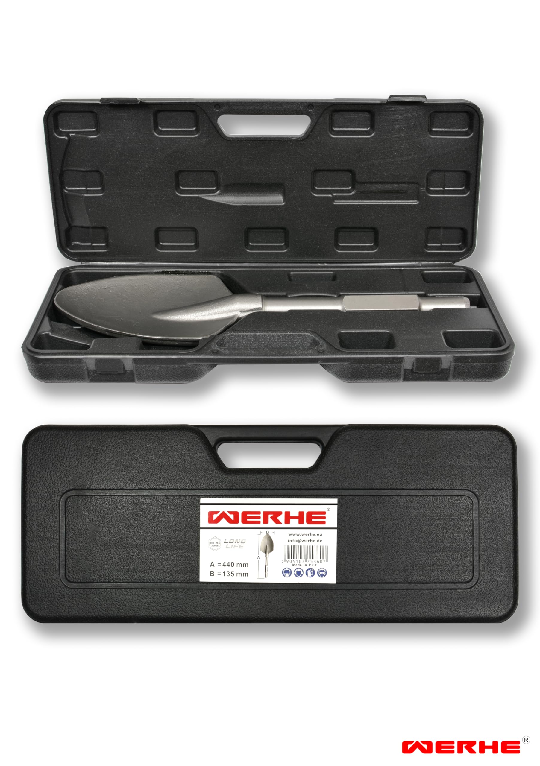 WERHE ® Profi SDS HEX Spitz Schaufelmeißel 135 x 440 mm Sechskant-Aufnahme 30 mm für Abbruchhammer Meissel Kunststoffkoffer - Image 8