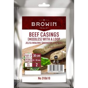 Browin 310610 Natürliche Rindermitteldärme mit Schlaufe, für Würste, Set von 2 Stück von je 30 cm, Durchmesser 45-50 mm, zum Räuchern, Grillen, Braten und Kochen.