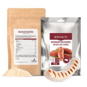 Bratwurst Set: Bratwurstgewürz 150g & Browin Naturdarm 15m (28/30 mm) – Schweinedarm & Gewürzmischung für Bratwurst & Fleischwurst, für Metzgereibedarf, Wursthülle & hausgemachte Wurstherstellung
