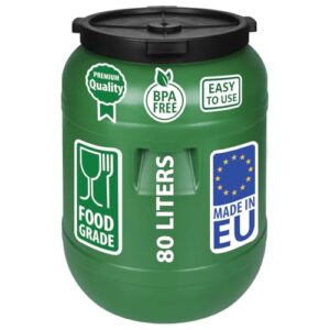F & R Regentonne mit Deckel 80 Liter aus HDPE I Futtertonne Pferd I Wassertank Fass Tonne mit Deckel I Regenfass für Garten I Regenwassertonne I Wassertonne I Gärfass I Regenwassertank