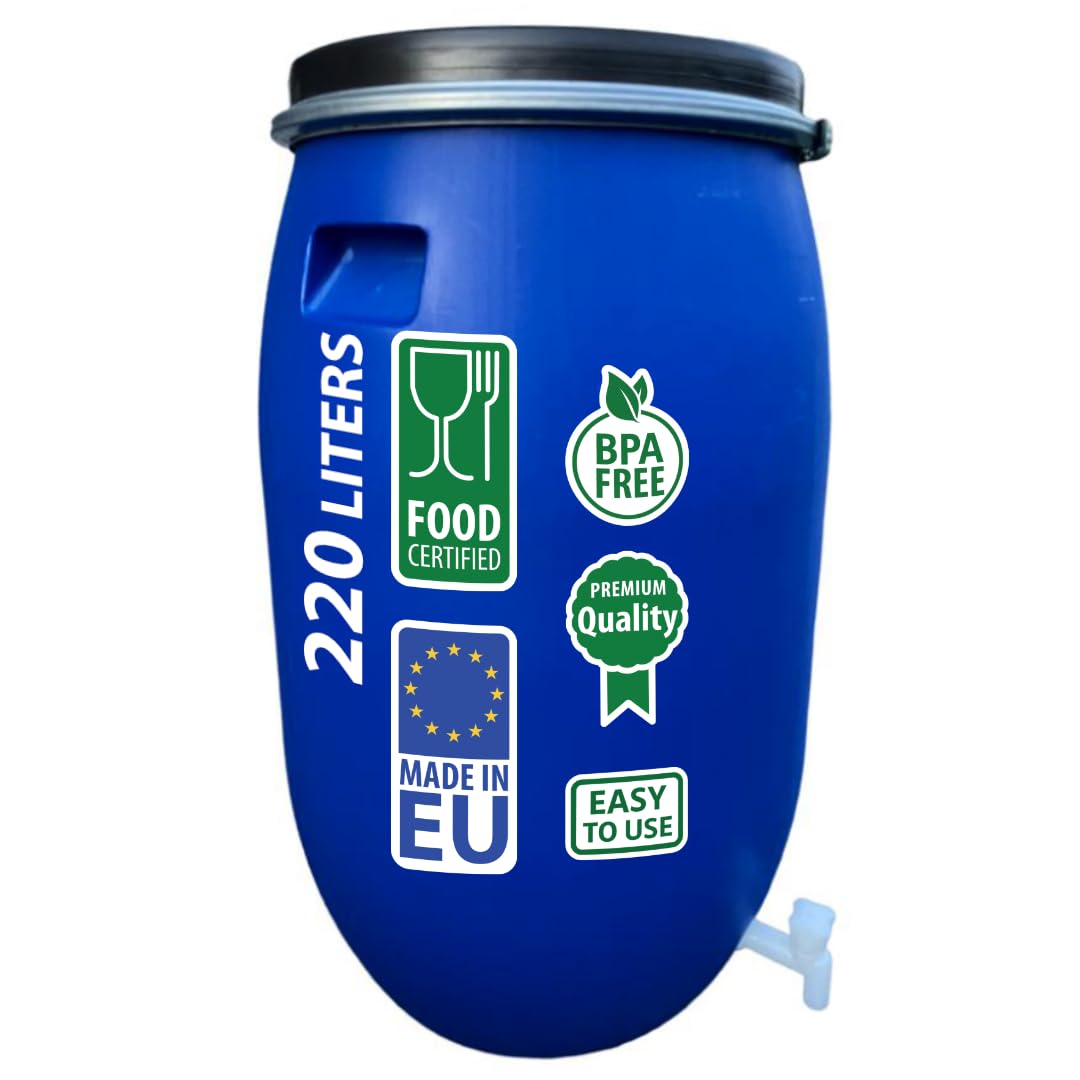 AGROHIT Regentonne 220 l, Weithalsfass aus Kunststoff, Kunststoffbehälter zur Aufbewahrung von Regenwasser, mit Deckel, Metallring & Wasserhahn, Lebensmittelecht, Regenfass, Blau