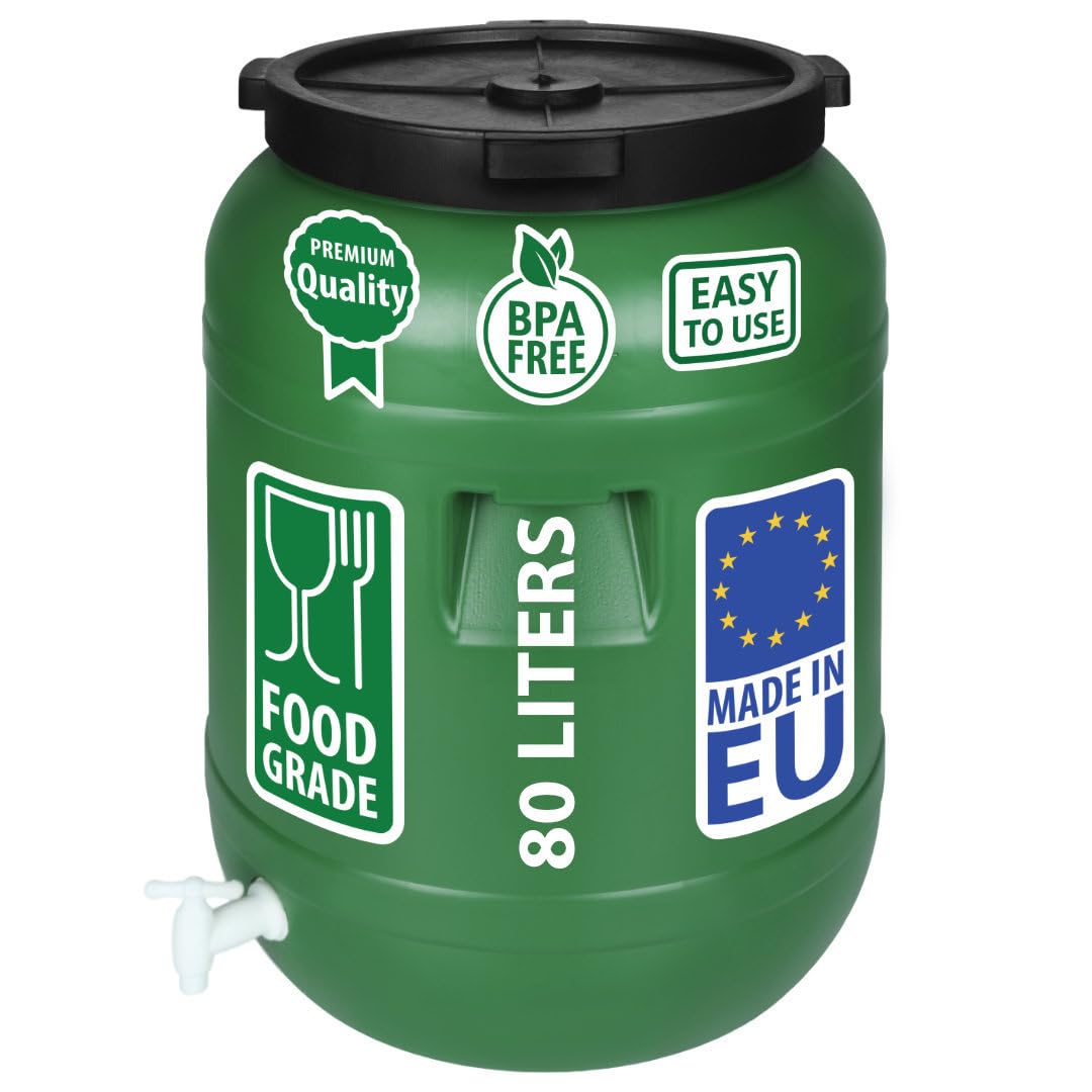 F & R Wasserkanister mit Hahn 80 Liter aus HDPE I I Regentonne mit Deckel I Kanister Hahn I Wasserbehälter mit Hahn I Wassertank I Fass mit Deckel I Regenwassertank Grün