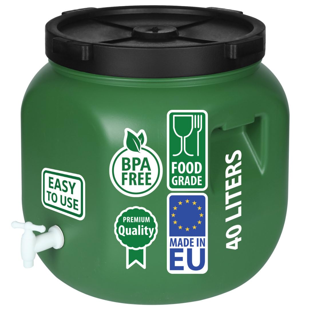 F & R Wasserkanister mit Hahn 40 Liter aus HDPE I I Regentonne mit Deckel I Kanister Hahn I Wasserbehälter mit Hahn I Wassertank I Fass mit Deckel I Regenwassertank Grün