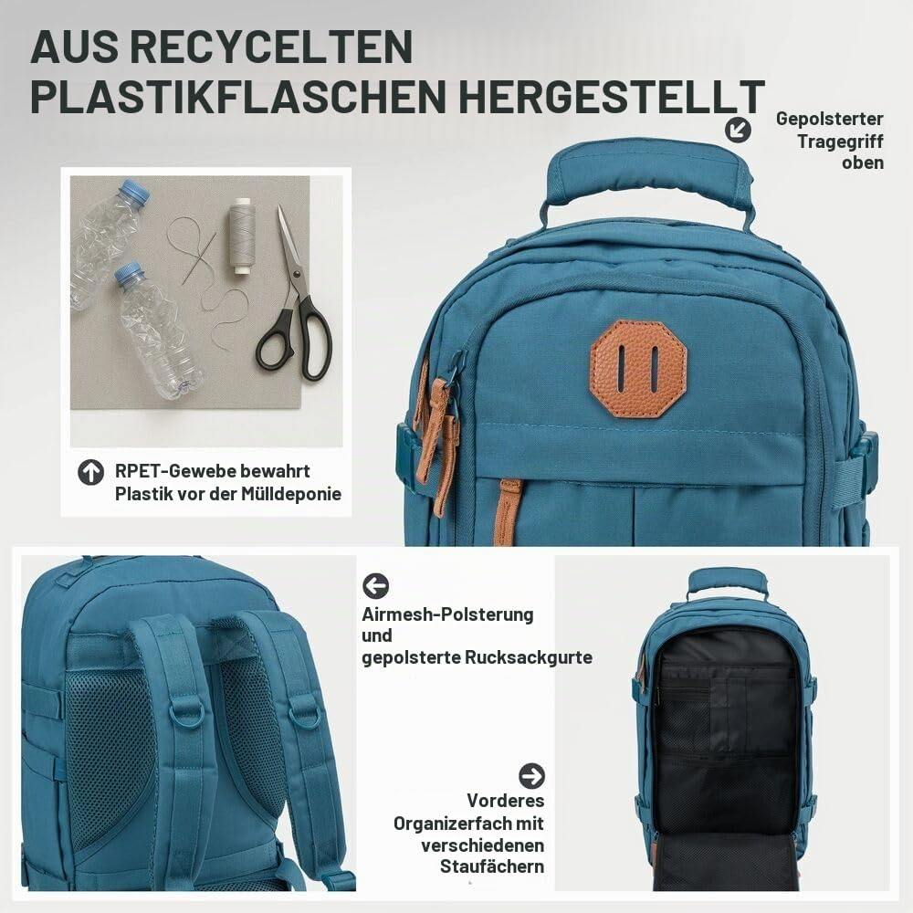 Cabin Max Metz Ryanair 40 x 20 x 25 cm Handgepäck, entspricht den Maximalmaßen (20L recyceltes RPET Polyester), Vintage Teal, 40 x 20 x 25cm - Image 4