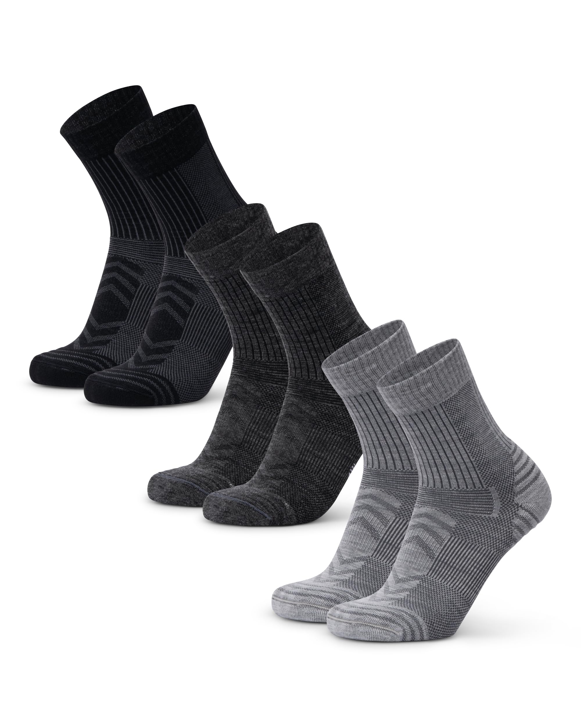 DANISH ENDURANCE Leichte Merinowolle Wandersocken, Arbeitssocken, Atmungsaktiv, Herren & Damen, 3 & 5 Paar, 1 Hellgrau, 1 Dunkelgrau, 1 Schwarz, 43-47