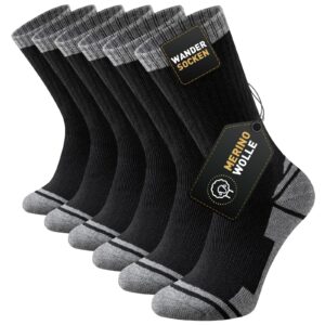Stoeury Merino Socken Herren Damen, Dicke Wandersocken, Gepolsterte Anti Blase Wollsocken, Atmungsaktiv Merinowolle Trekkingsocken Sportsocken Outdoor Socken, 3 Paar, Schwarz 43-46