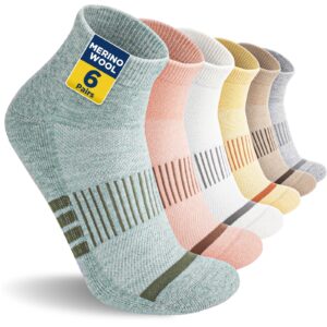 Niofind Merino Wandersocken Damen Herren, Atmungsaktiv Quarter Sneaker Socken Wollsocken, Gepolstert Laufsocken Kurze Sportsocken für Alltag Sport Outdoor 6 Paar