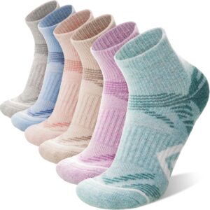 ANTSANG 6 Paar Merino Wolle Ankelsöckchen für Laufen Wandern Gehen Arbeiten Atmungsaktiv Thermisch Warm Dick Gepolstert Socken Viertelsöckchen für Herren Damen(36-42, Helle Farbenkombination)