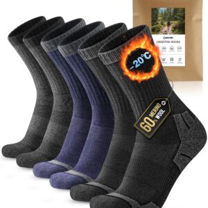CAOZITOU 3 Paar Merino Thermosocken Herren 43-46, 60% Wandersocken Gepolstert, Wolle Trekkingsocken Winter Warme Socken für Outdoor Sport(Schwarz,Grau,Blau)