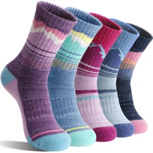 Sandsuced Merino Wandersocken für Damen,Wolle Thermosocken, Atmungsaktive Wintersocken und Warme Merino Wollsocken, Outdoor Trekking Socken 5 Paar(Lila/Blau/Dunkelblau/Rosa/Hellblau,36-42)