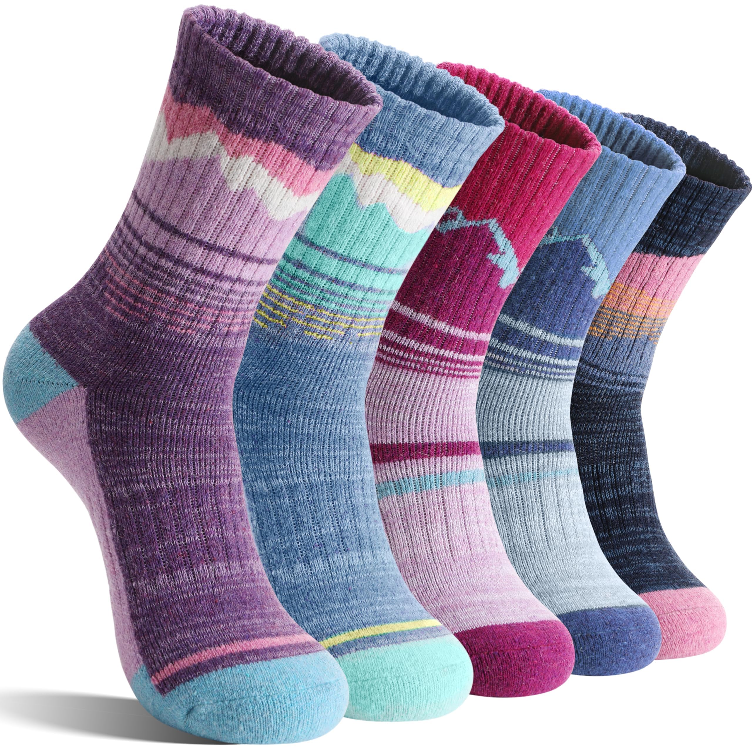 Sandsuced Merino Wandersocken für Damen,Wolle Thermosocken, Atmungsaktive Wintersocken und Warme Merino Wollsocken, Outdoor Trekking Socken 5 Paar(Lila/Blau/Dunkelblau/Rosa/Hellblau,36-42)