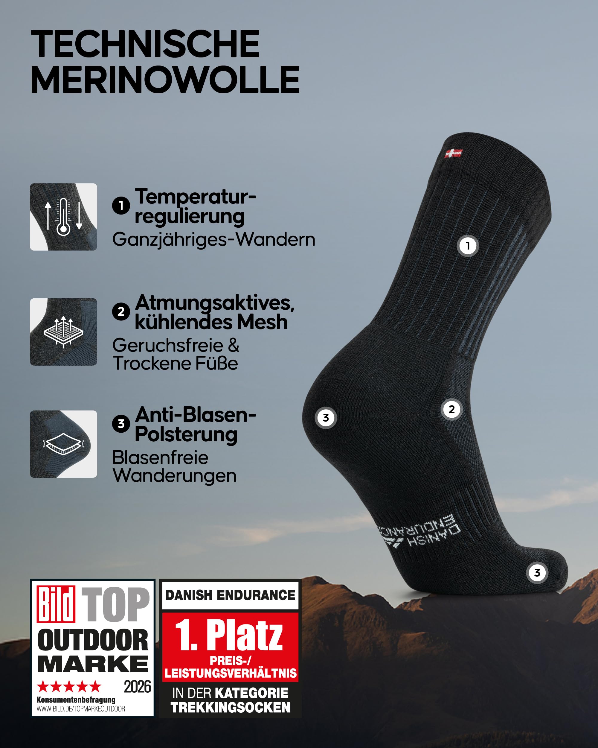 DANISH ENDURANCE Expert Pro Merino Wandersocken, Wollsocken, Funktionssocken, Unisex, Damen & Herren, 2 Paar, Schwarz, 43-47 - Image 2