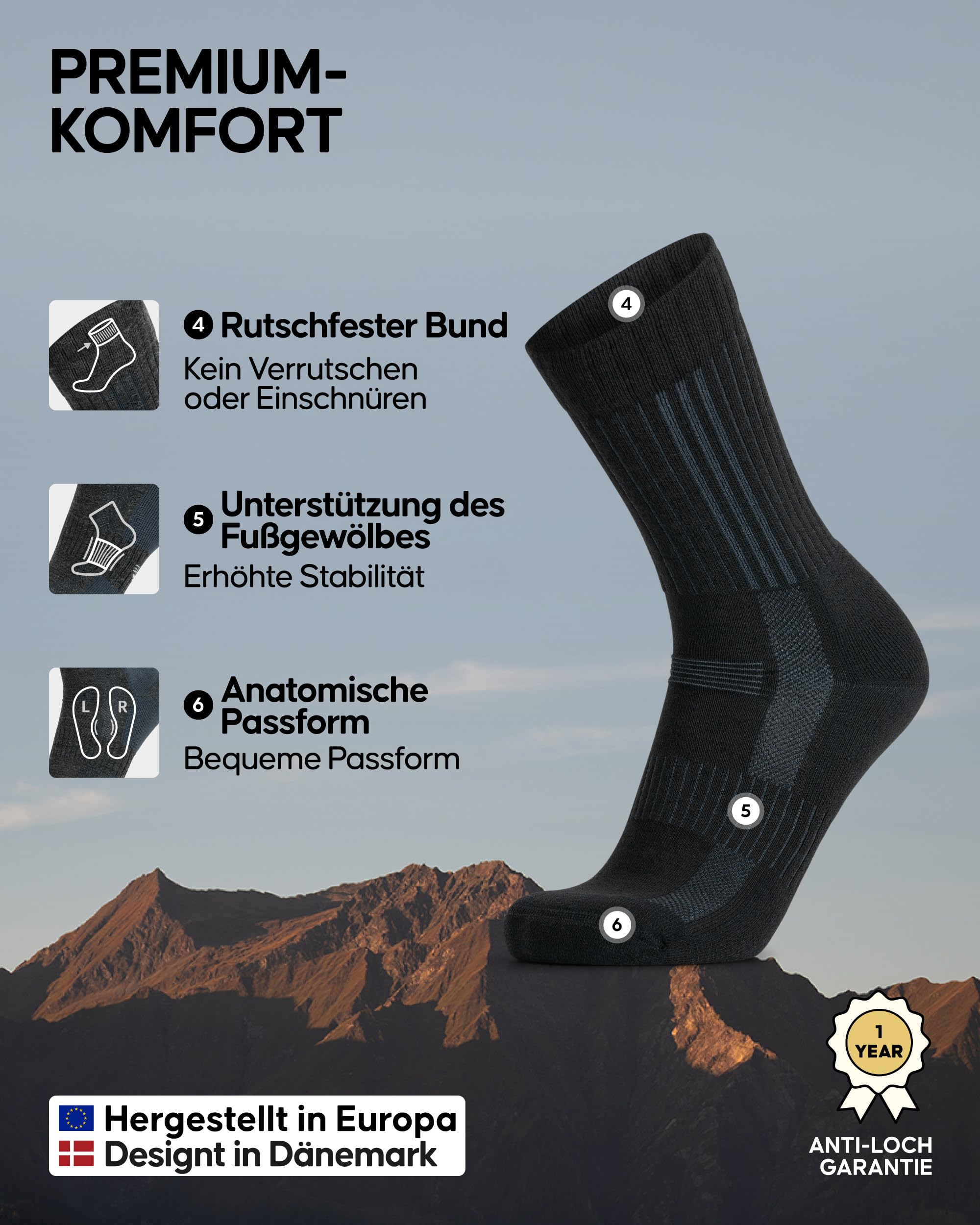 DANISH ENDURANCE Expert Pro Merino Wandersocken, Wollsocken, Funktionssocken, Unisex, Damen & Herren, 2 Paar, Schwarz, 43-47 - Image 3