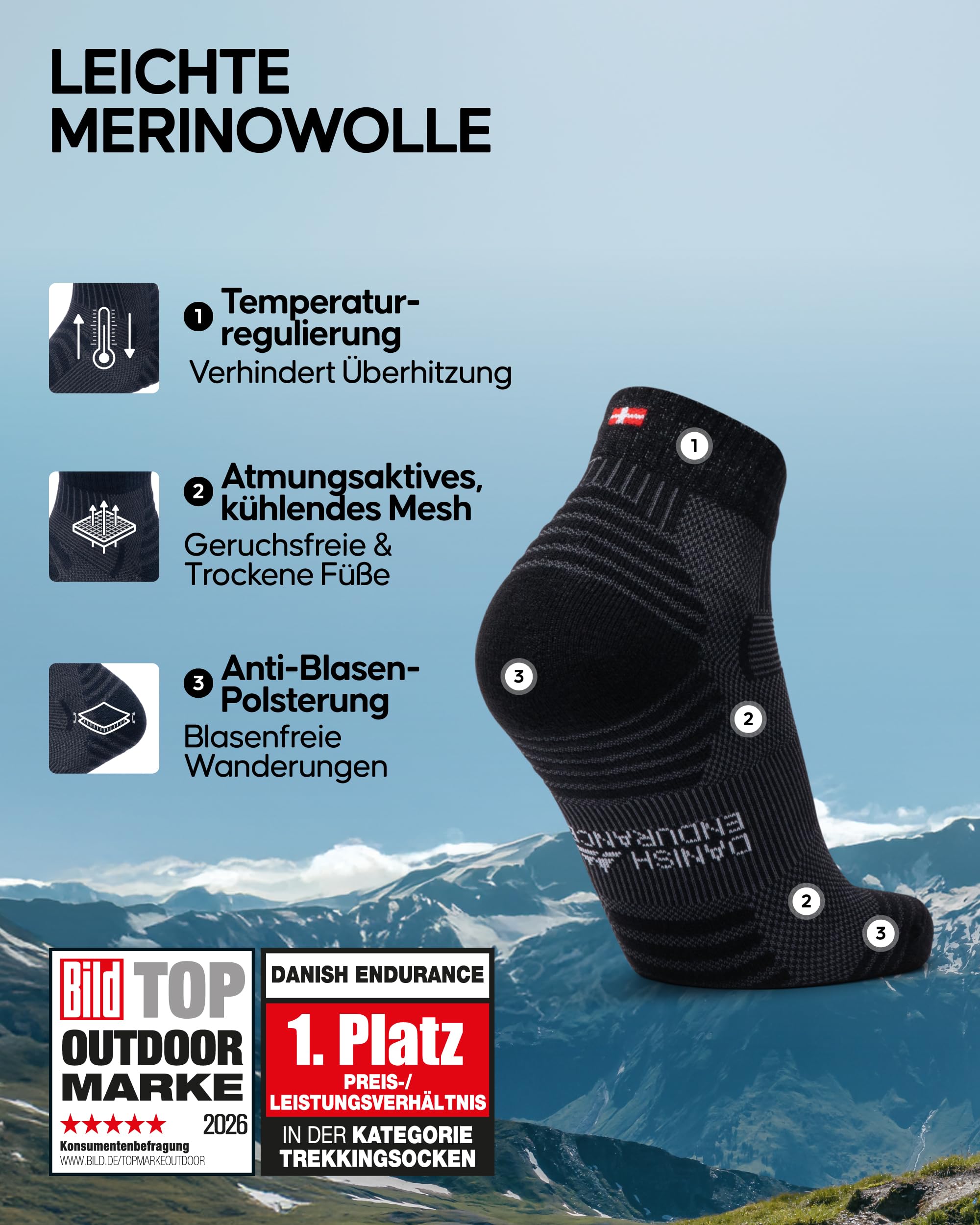 DANISH ENDURANCE Kurze Merinowolle Wandersocken, Atmungsaktiv, Leicht Gepolstert, Herren & Damen, 3 Paar, Schwarz, 43-47 - Image 2