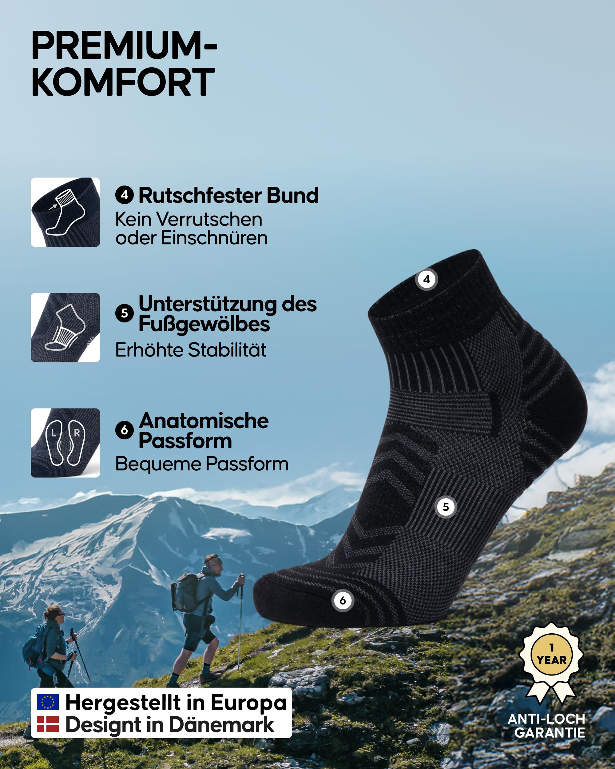 DANISH ENDURANCE Kurze Merinowolle Wandersocken, Atmungsaktiv, Leicht Gepolstert, Herren & Damen, 3 Paar, Schwarz, 43-47 - Image 3
