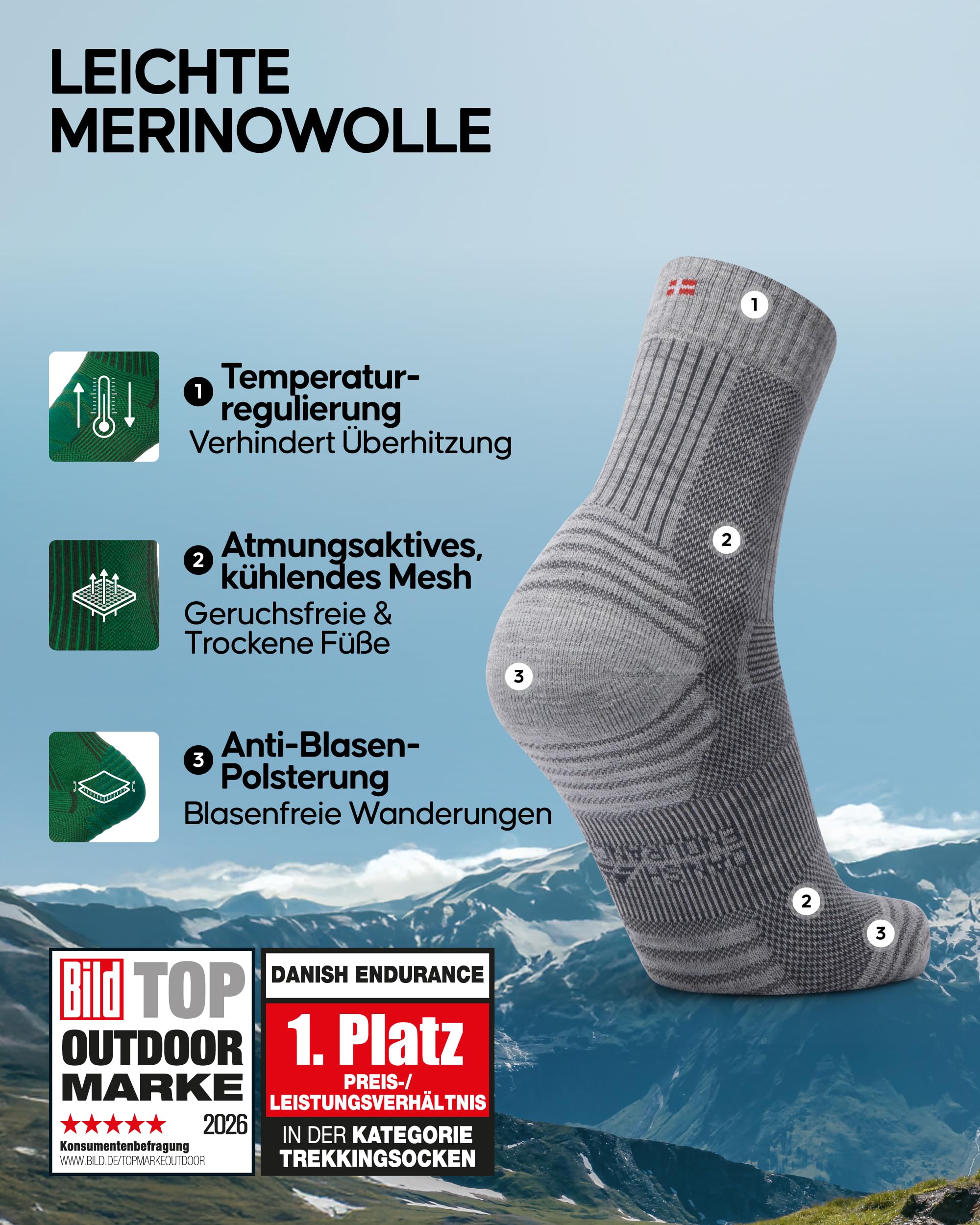 DANISH ENDURANCE Leichte Merinowolle Wandersocken, Arbeitssocken, Atmungsaktiv, Herren & Damen, 3 & 5 Paar, 1 Hellgrau, 1 Dunkelgrau, 1 Schwarz, 43-47 - Image 2