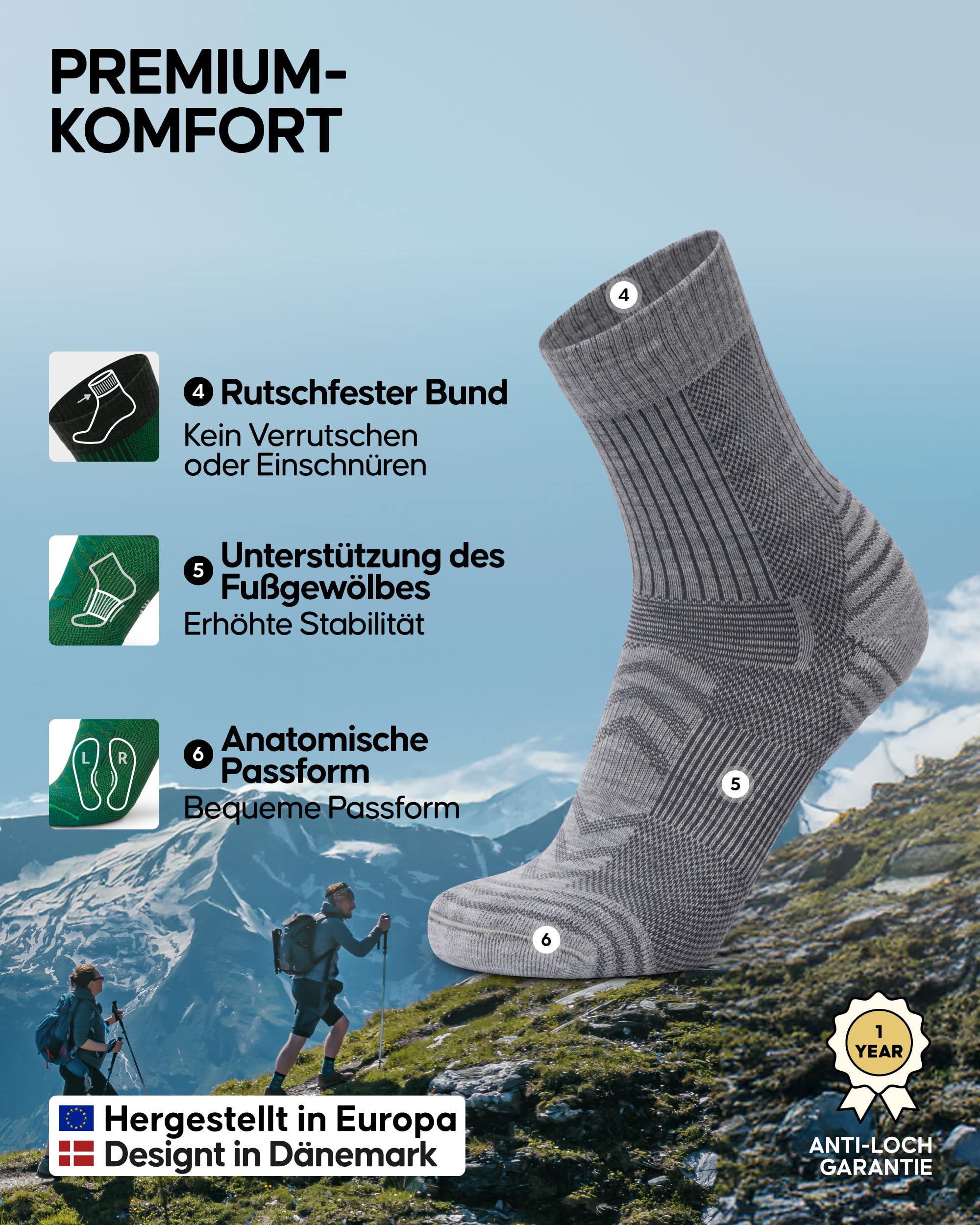 DANISH ENDURANCE Leichte Merinowolle Wandersocken, Arbeitssocken, Atmungsaktiv, Herren & Damen, 3 & 5 Paar, 1 Hellgrau, 1 Dunkelgrau, 1 Schwarz, 43-47 - Image 3