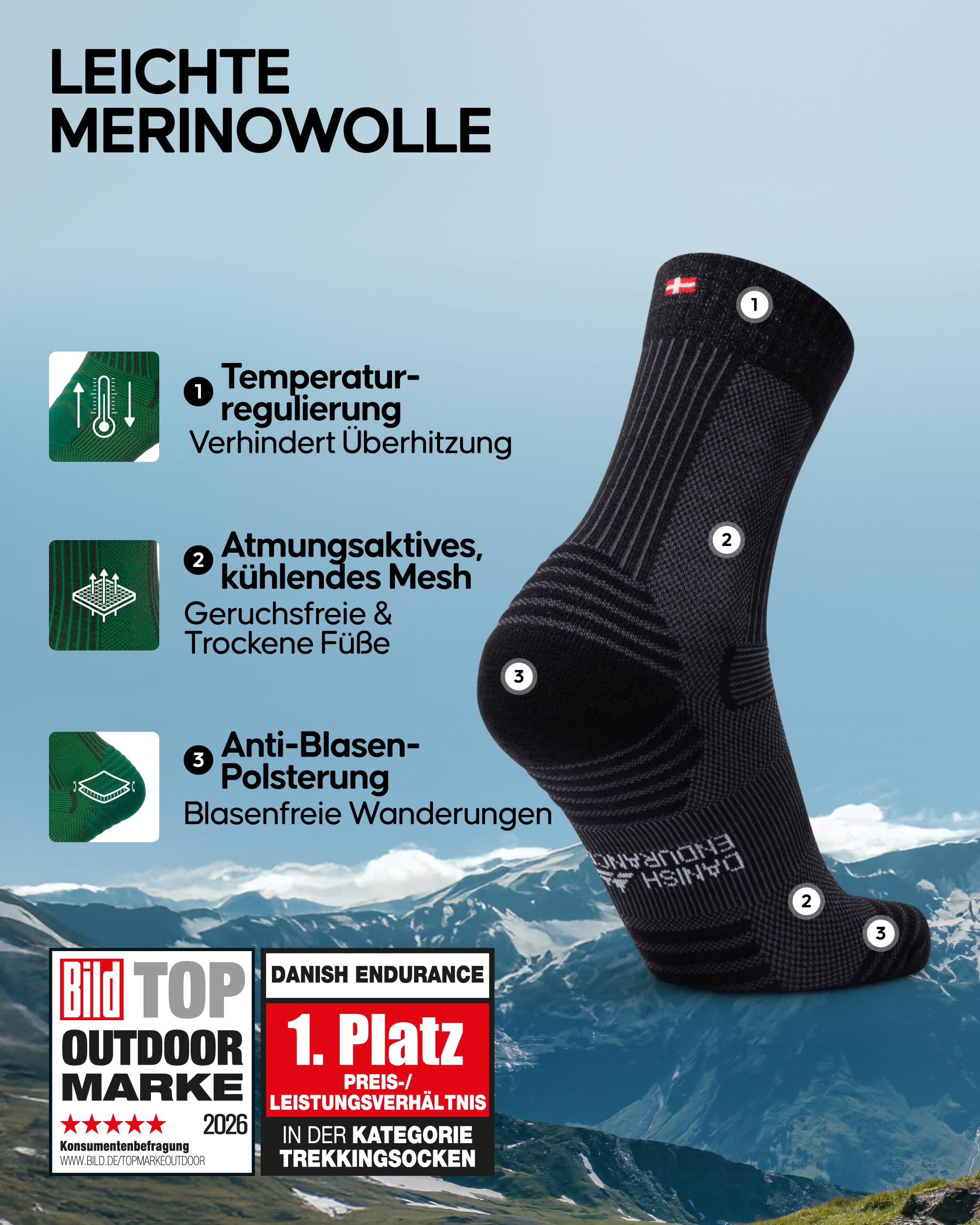 DANISH ENDURANCE Leichte Merinowolle Wandersocken, Arbeitssocken, Atmungsaktiv, Herren & Damen, 3 & 5 Paar, Schwarz, 43-47 - Image 2