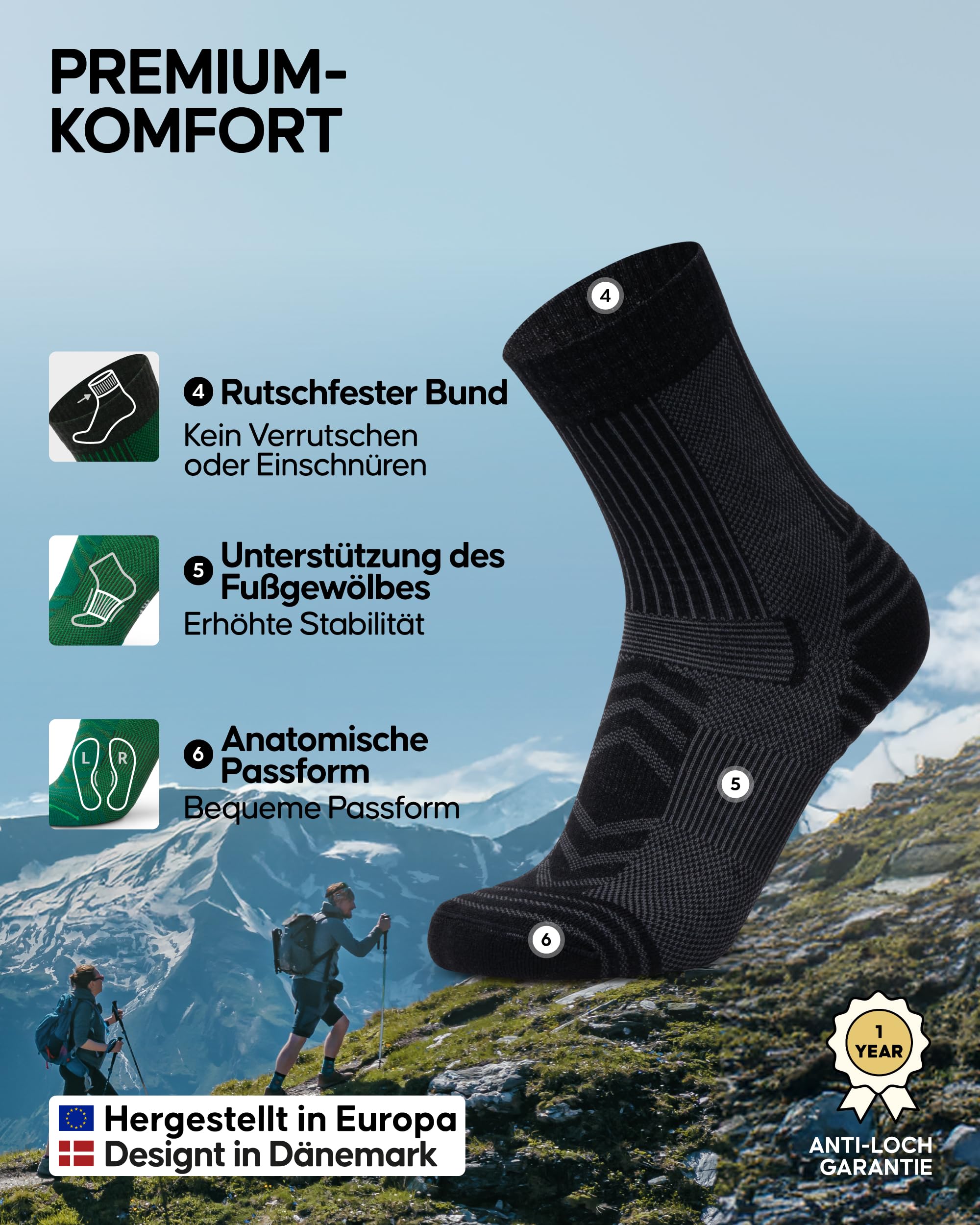 DANISH ENDURANCE Leichte Merinowolle Wandersocken, Arbeitssocken, Atmungsaktiv, Herren & Damen, 3 & 5 Paar, Schwarz, 43-47 - Image 3