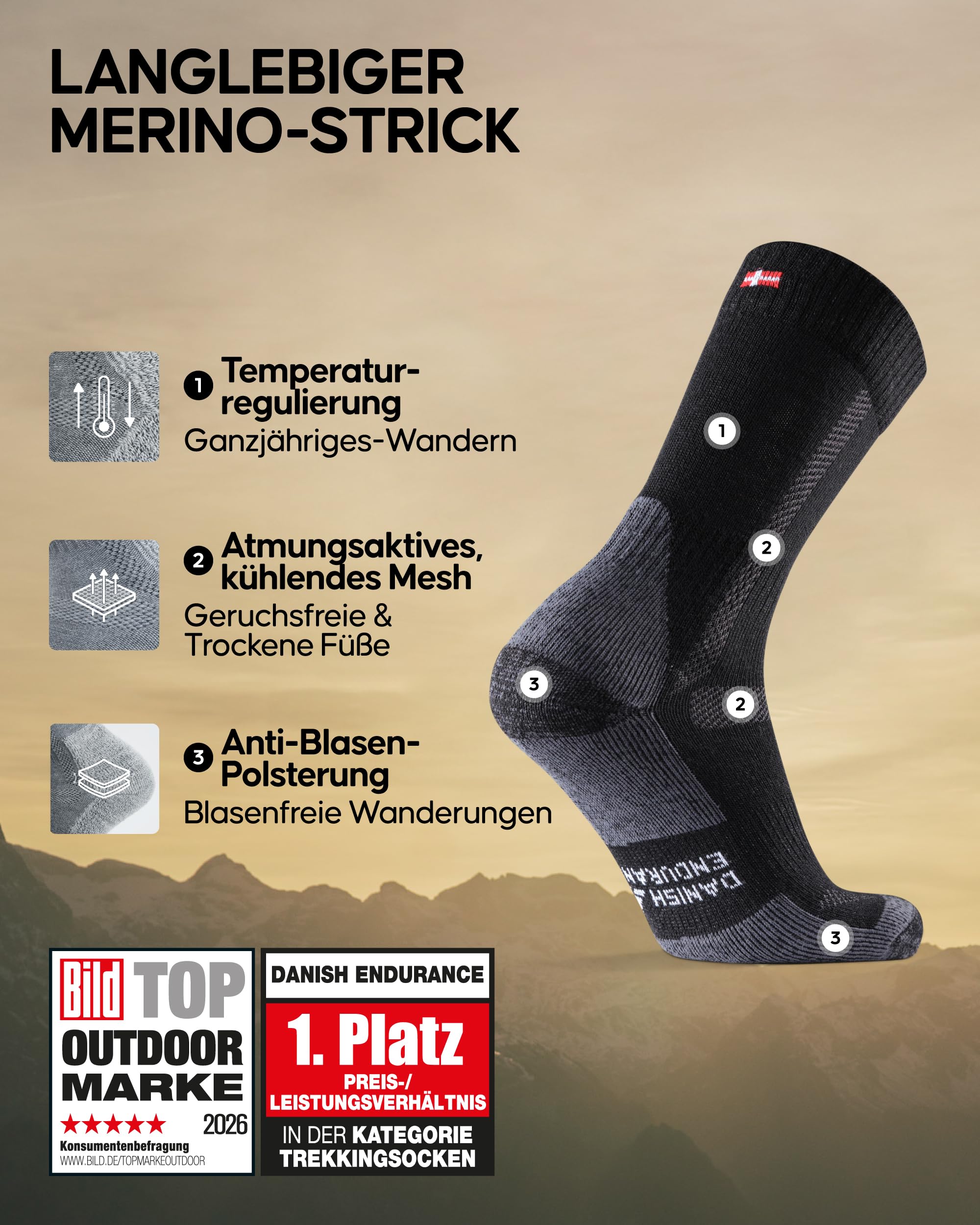 DANISH ENDURANCE Merino Wandersocken, Arbeitssocken, Funktionssocken, Herren, Damen & Kinder, 1, 3 & 5 Paar, Schwarz/Grau 5 Paar, 43-47 - Image 2