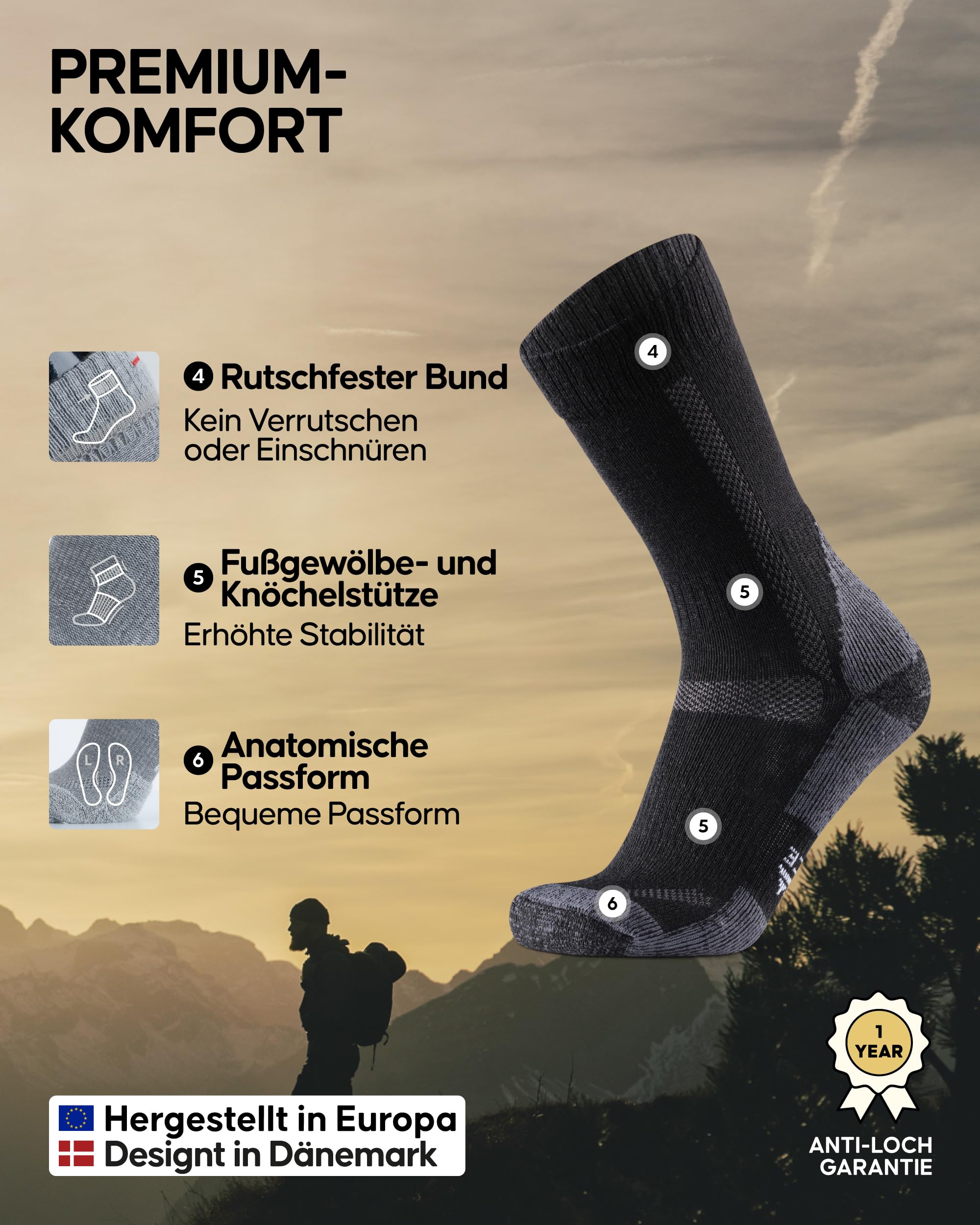 DANISH ENDURANCE Merino Wandersocken, Arbeitssocken, Funktionssocken, Herren, Damen & Kinder, 1, 3 & 5 Paar, Schwarz/Grau 5 Paar, 43-47 - Image 3