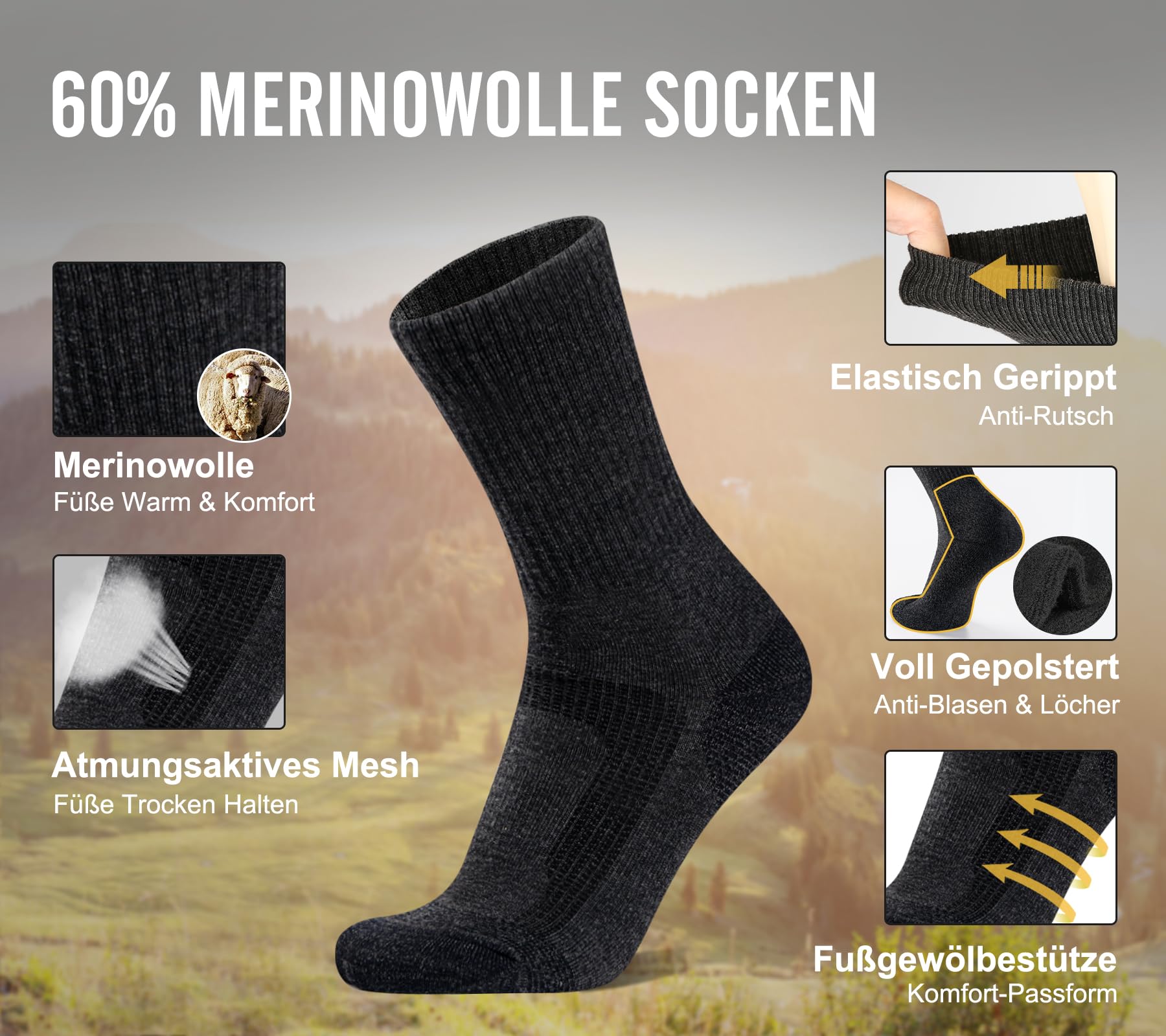 FORVEVO 3 Paar Merino Wandersocken Herren 43-46 DunkelGrau, 60% Wollsocken Herren Gepolstert, Wintersocken, Sportsocken für Trekking Outdoor - Image 4