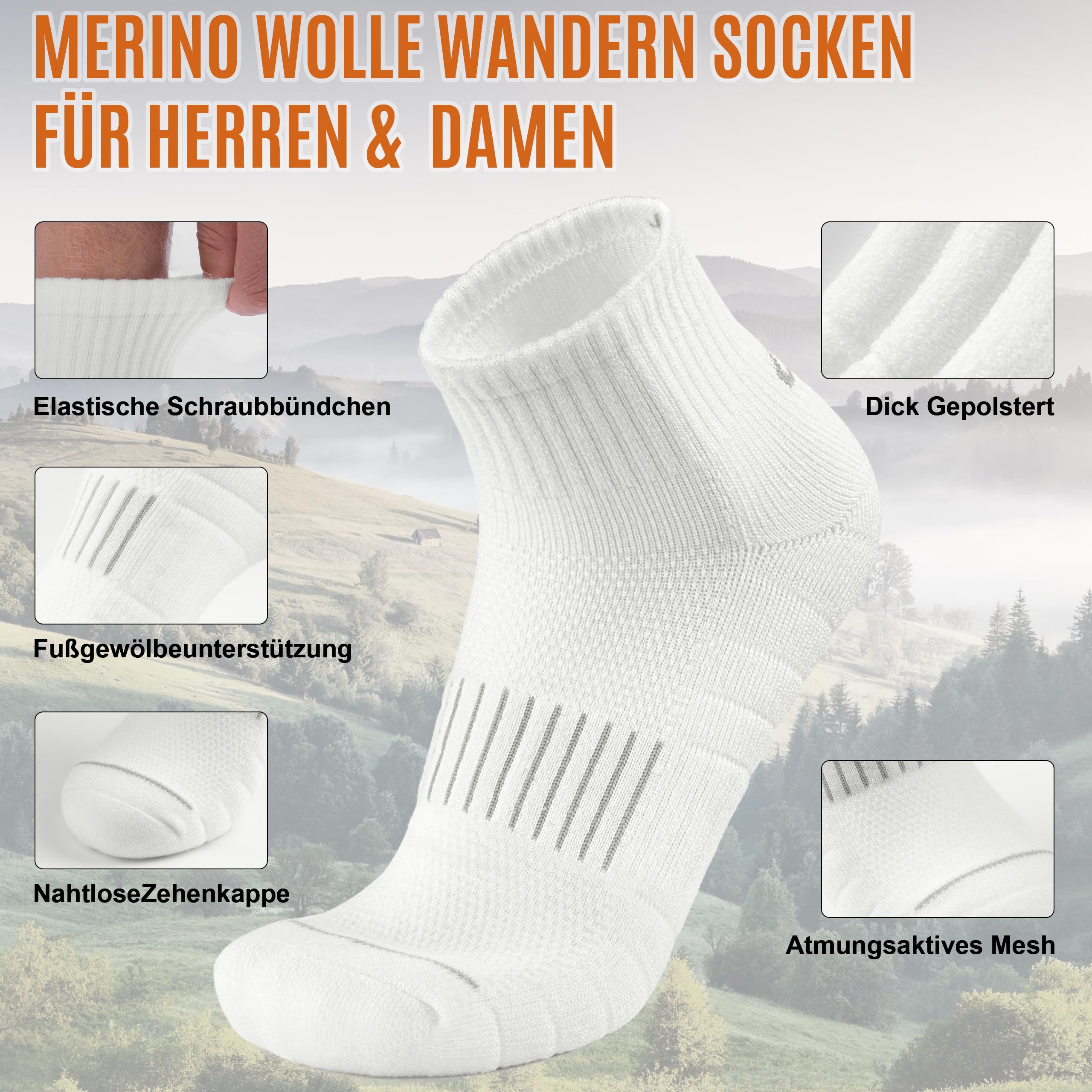Natugloe 5 Paar Merino Wandersocken Damen Herren,Gepolstert Viertelsöckchen,Sneaker Socken Wollsocken,Outdoor-Sportsocken für Laufen Wandern Bergsteigen - Image 3