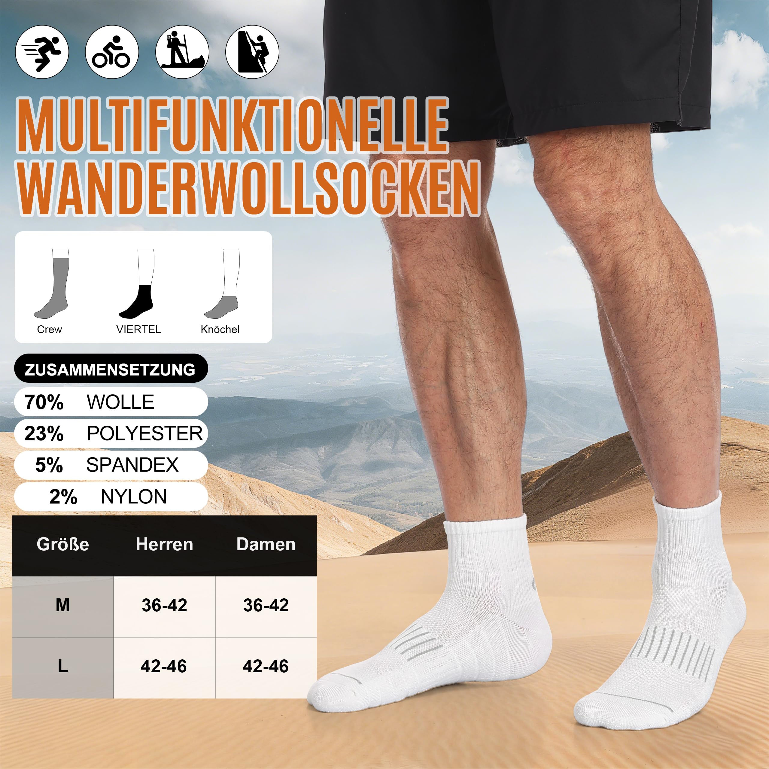 Natugloe 5 Paar Merino Wandersocken Damen Herren,Gepolstert Viertelsöckchen,Sneaker Socken Wollsocken,Outdoor-Sportsocken für Laufen Wandern Bergsteigen - Image 4