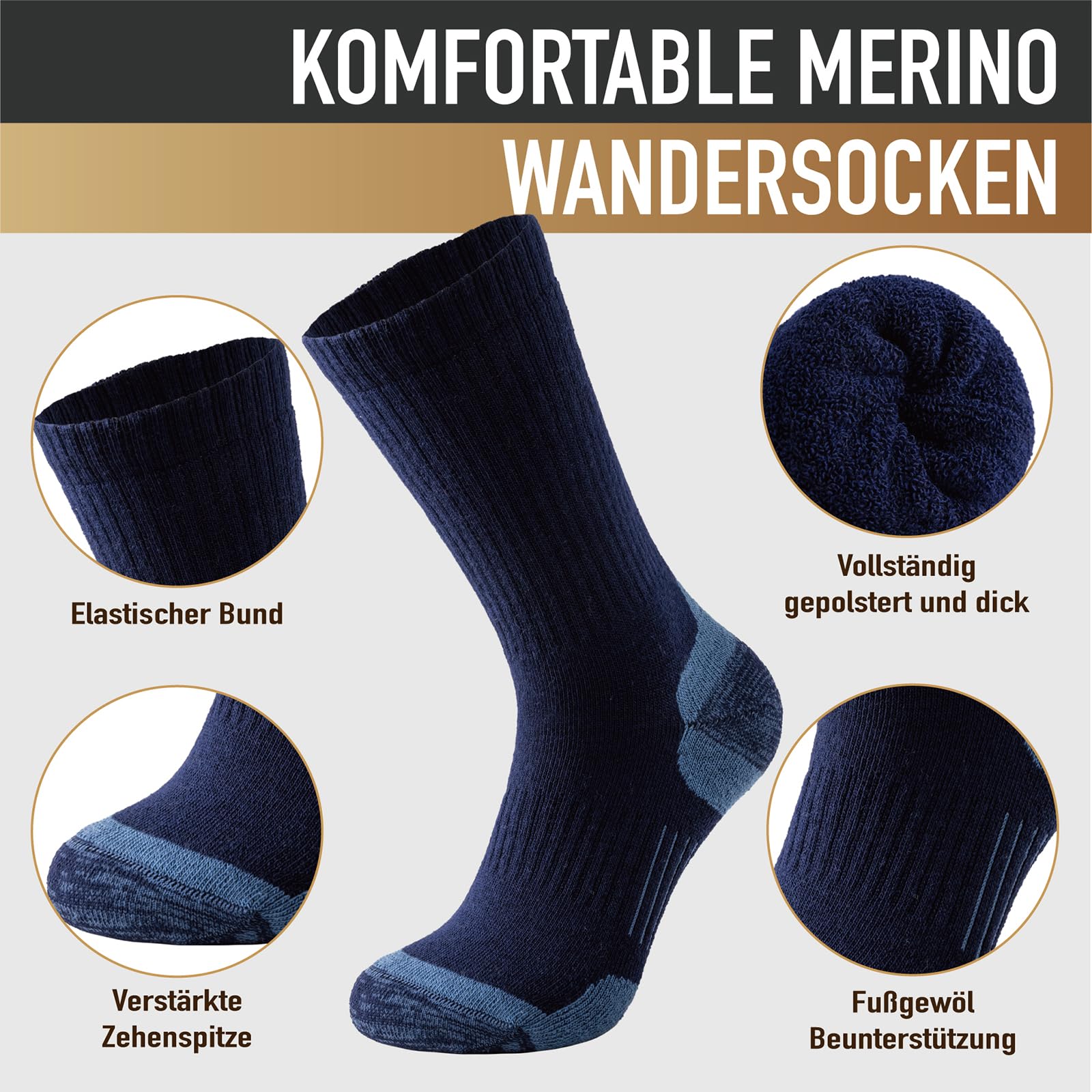 Niorasen Merino Wandersocken Herren Damen, 3 Paar Outdoor Trekkingsocken, Merinowolle Sportsocken Laufsocken Sneakersocken Atmungsaktiv Dicke Thermosocken für Herren Damen - Image 3
