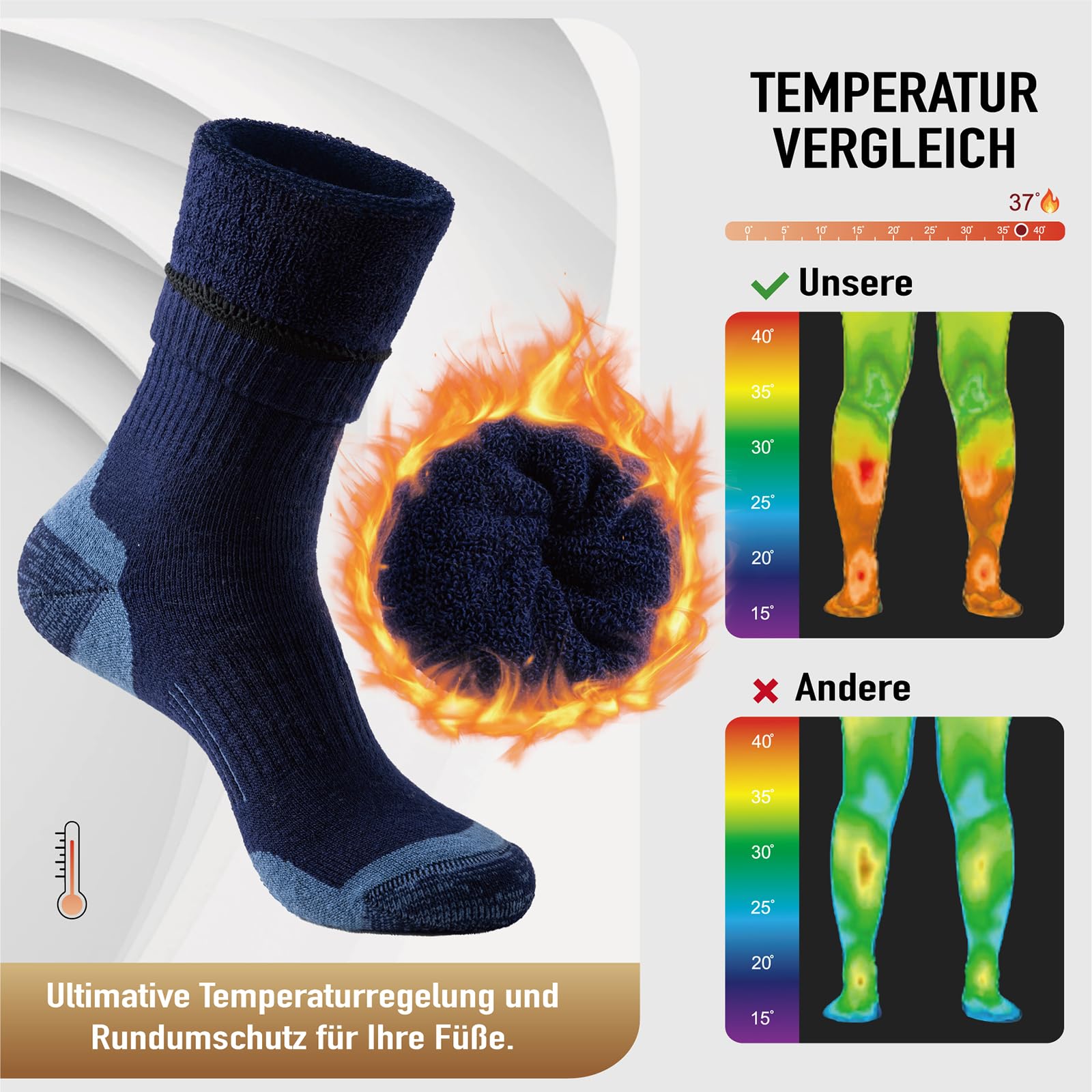 Niorasen Merino Wandersocken Herren Damen, 3 Paar Outdoor Trekkingsocken, Merinowolle Sportsocken Laufsocken Sneakersocken Atmungsaktiv Dicke Thermosocken für Herren Damen - Image 4