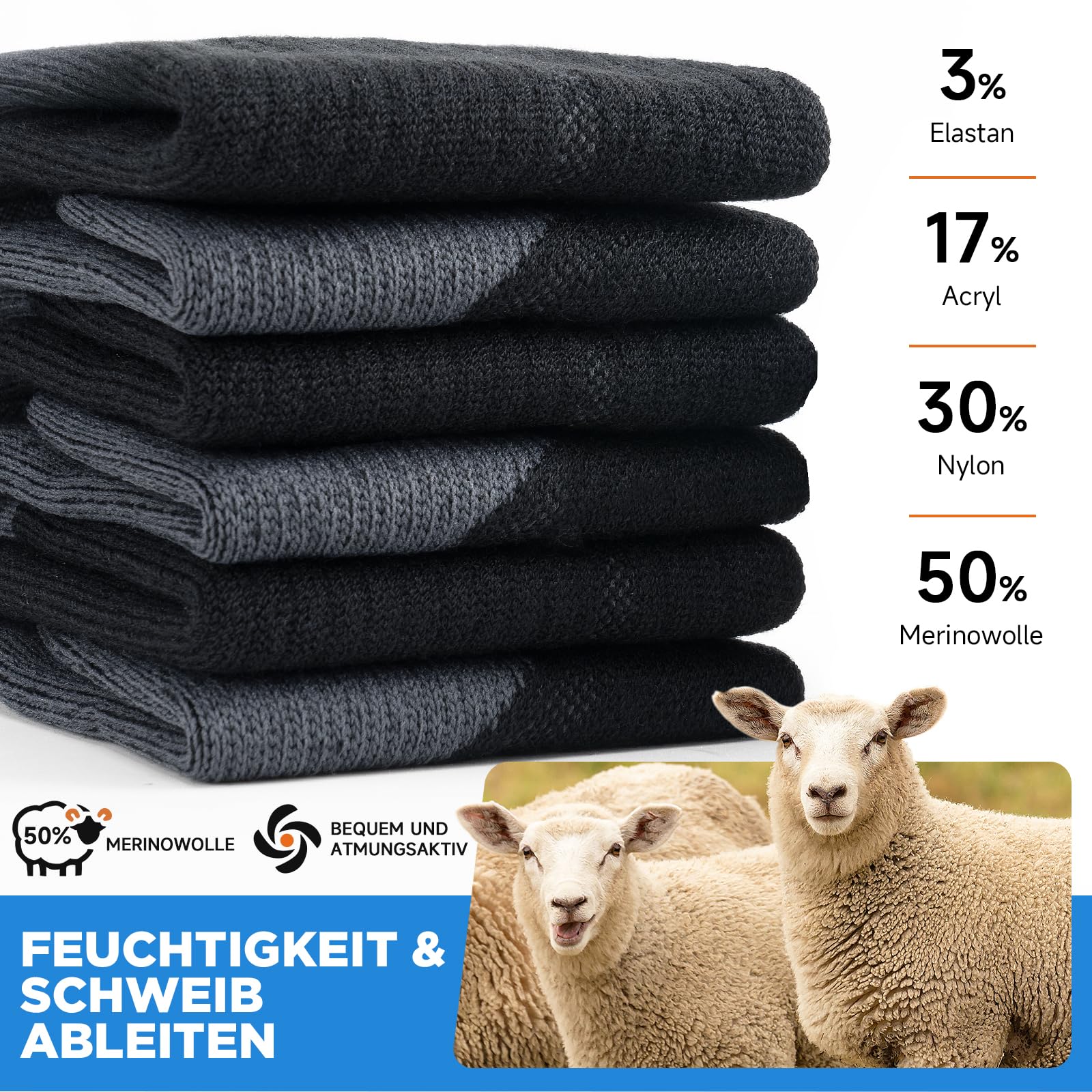PULIOU Merino Wandersocken Herren Damen, Outdoor Trekkingsocken Merinowolle Sportsocken Atmungsaktiv & Anti-Blasen Gepolstert Laufsocken Arbeitssocken, 3 Paar - Image 2