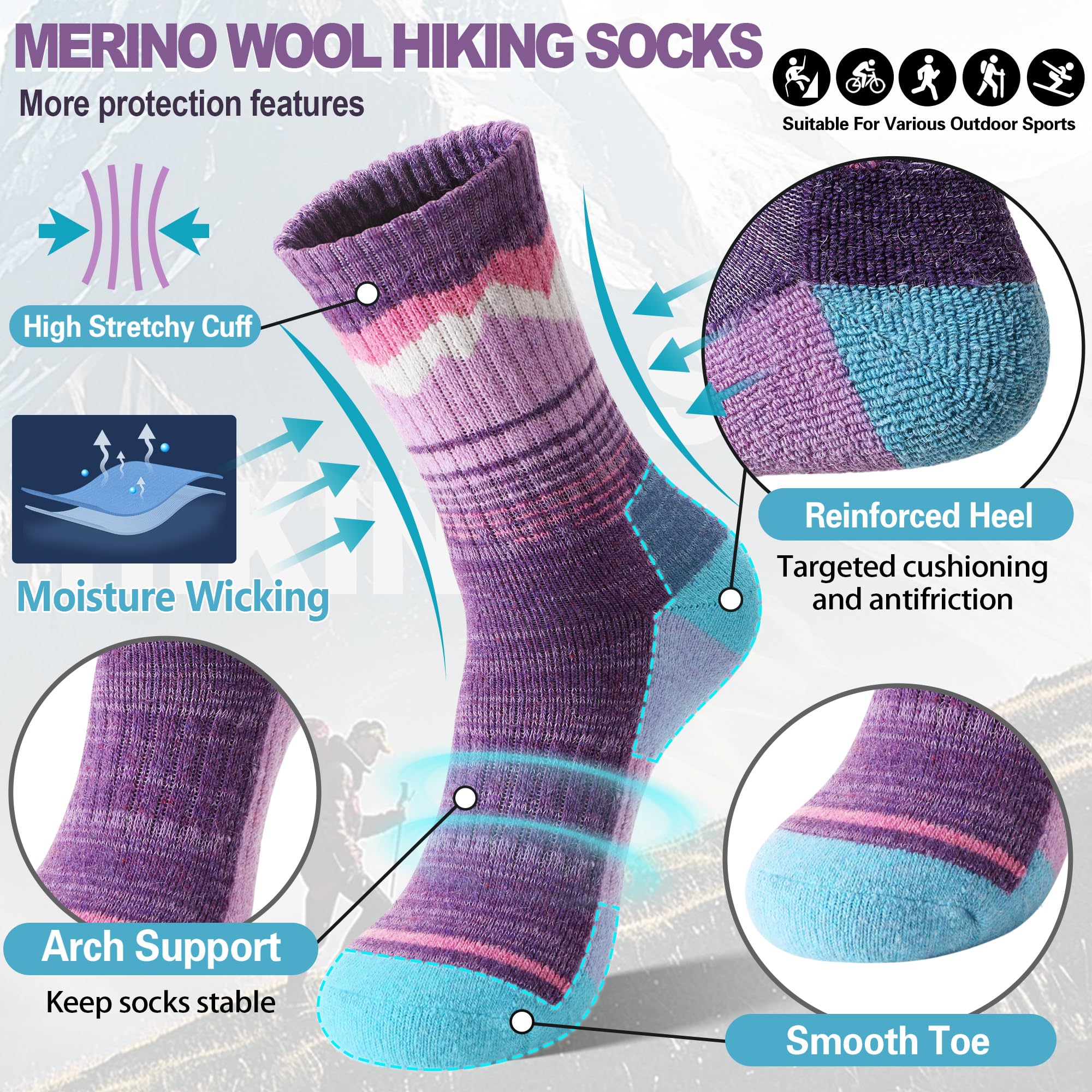 Sandsuced Merino Wandersocken für Damen,Wolle Thermosocken, Atmungsaktive Wintersocken und Warme Merino Wollsocken, Outdoor Trekking Socken 5 Paar(Lila/Blau/Dunkelblau/Rosa/Hellblau,36-42) - Image 2