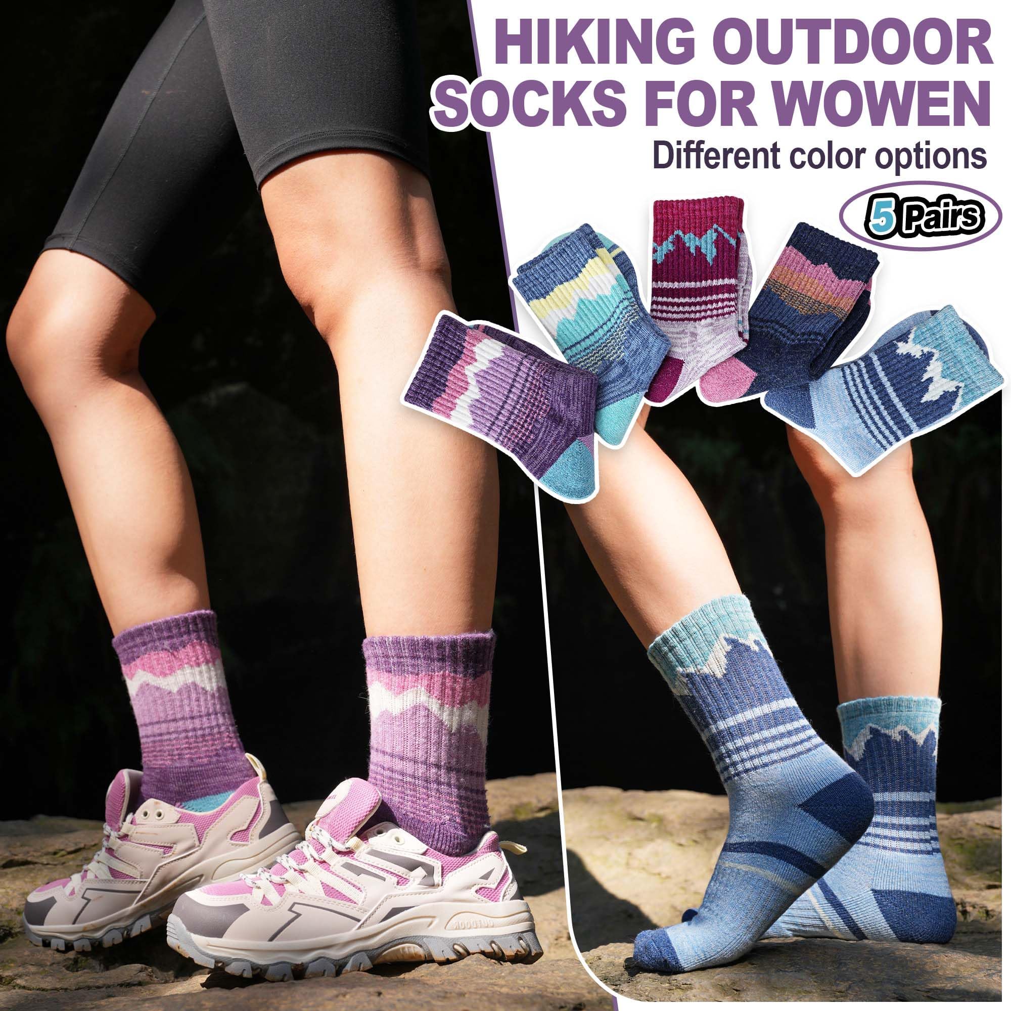 Sandsuced Merino Wandersocken für Damen,Wolle Thermosocken, Atmungsaktive Wintersocken und Warme Merino Wollsocken, Outdoor Trekking Socken 5 Paar(Lila/Blau/Dunkelblau/Rosa/Hellblau,36-42) - Image 4