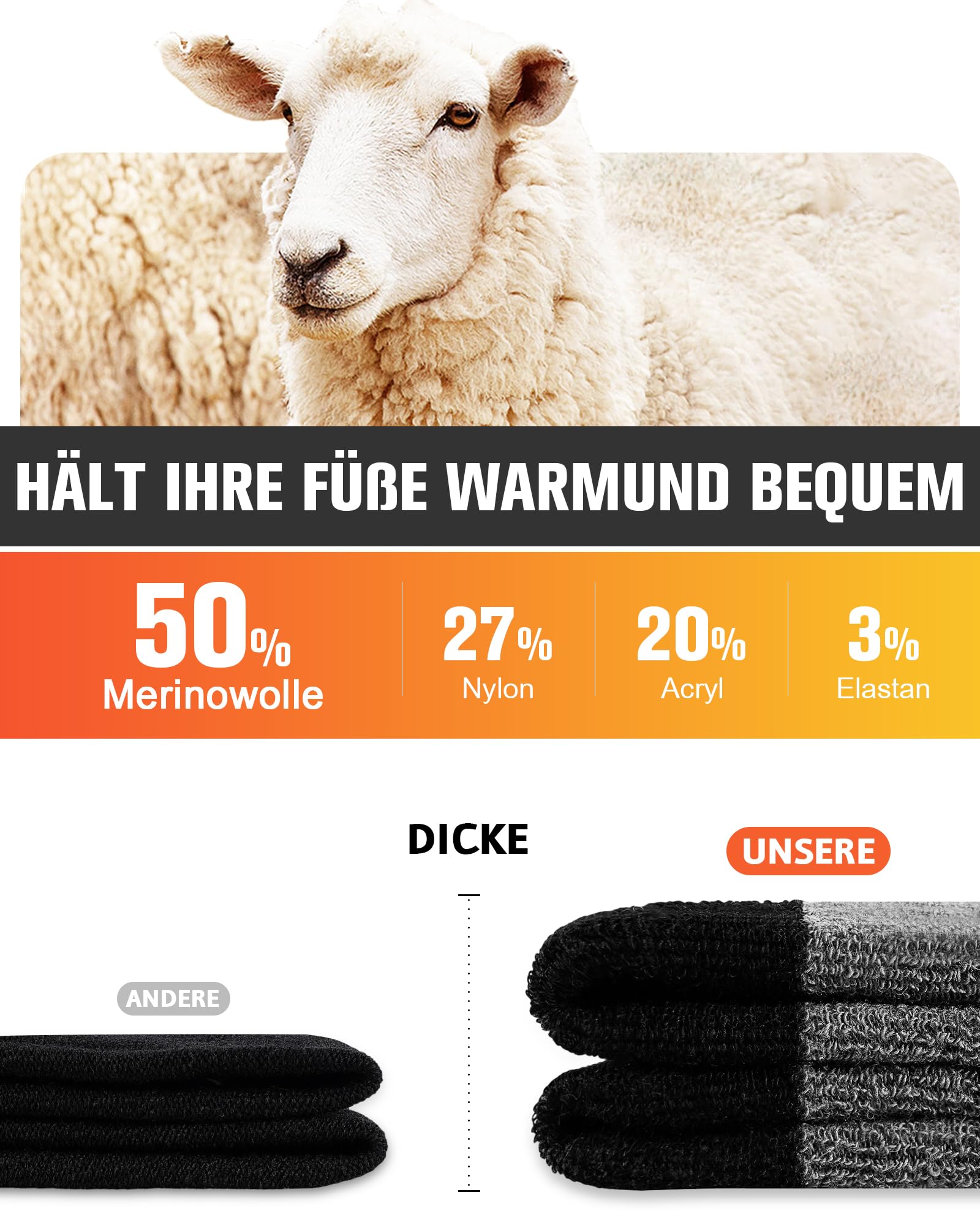SockWaddles Merino Wandersocken Herren Damen, Atmungsaktiv Outdoor Socken Trekkingsocken, Gepolstert Sportsocken Anti-Blasen Laufsocken Merinowolle Arbeitssocken 3 Paar - Image 2