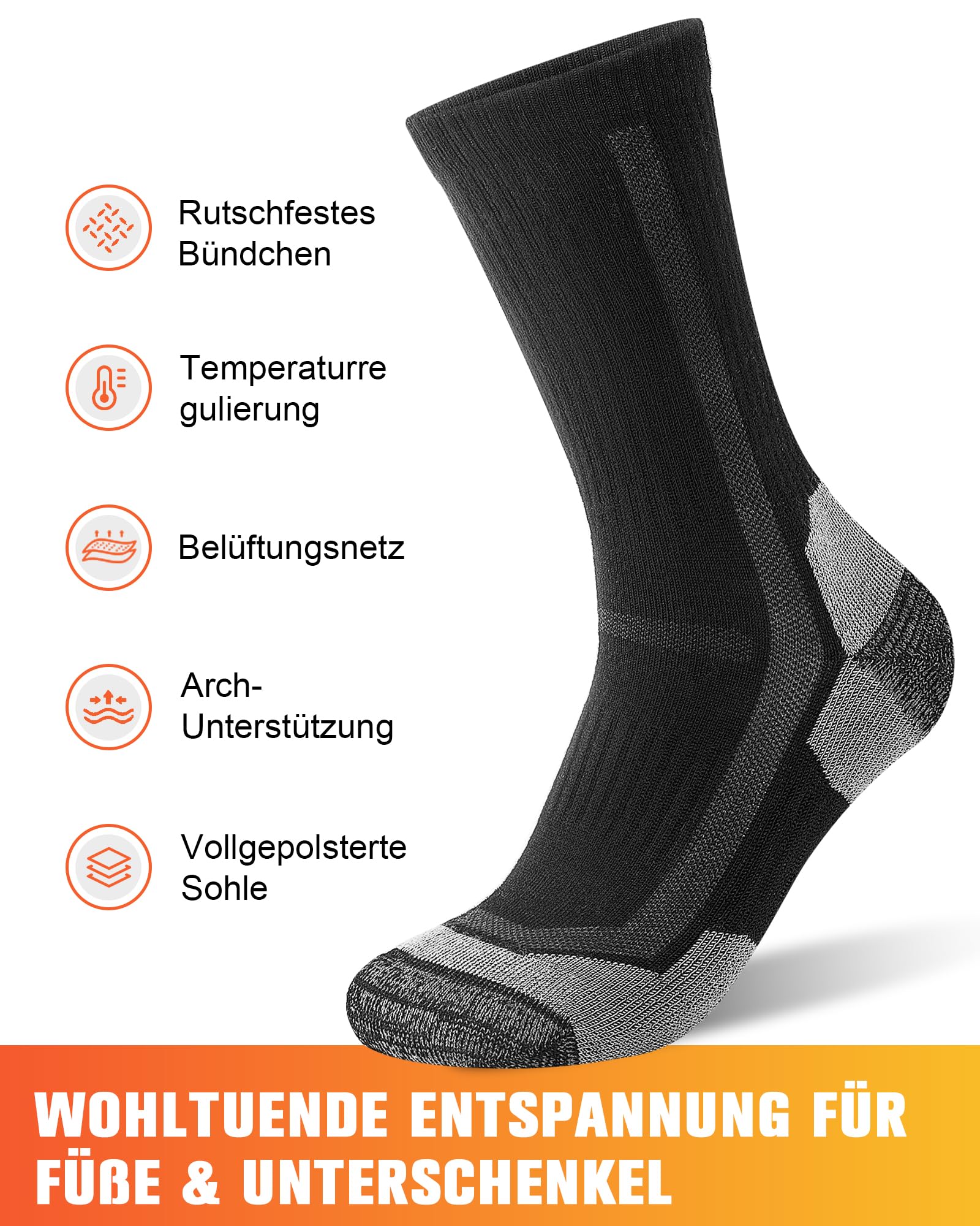 SockWaddles Merino Wandersocken Herren Damen, Atmungsaktiv Outdoor Socken Trekkingsocken, Gepolstert Sportsocken Anti-Blasen Laufsocken Merinowolle Arbeitssocken 3 Paar - Image 4
