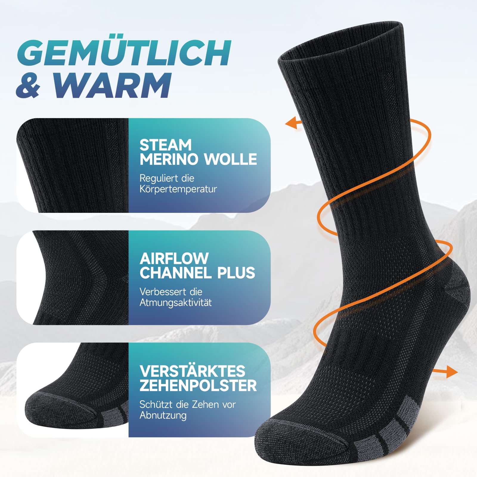 TANSTC Merino Socken Herren 39-42, Warme Outdoor & Trekking Wollsocken, Arbeitssocken,Atmungsaktiv & Anti-Blasen Warm Dicke Gepolstert Thermosocken für Herren, Damen, 3 Paar - Image 2
