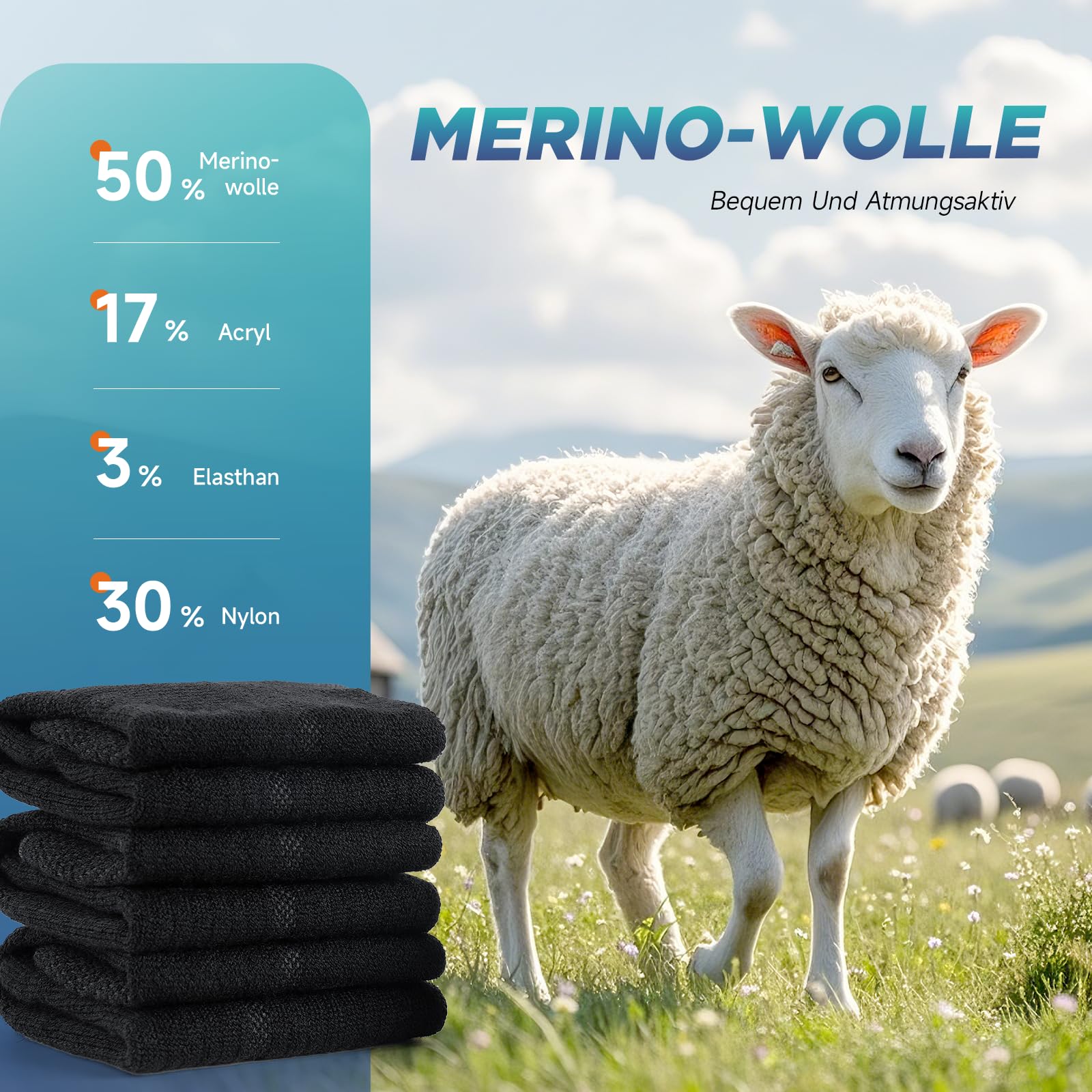 TANSTC Merino Socken Herren 39-42, Warme Outdoor & Trekking Wollsocken, Arbeitssocken,Atmungsaktiv & Anti-Blasen Warm Dicke Gepolstert Thermosocken für Herren, Damen, 3 Paar - Image 4