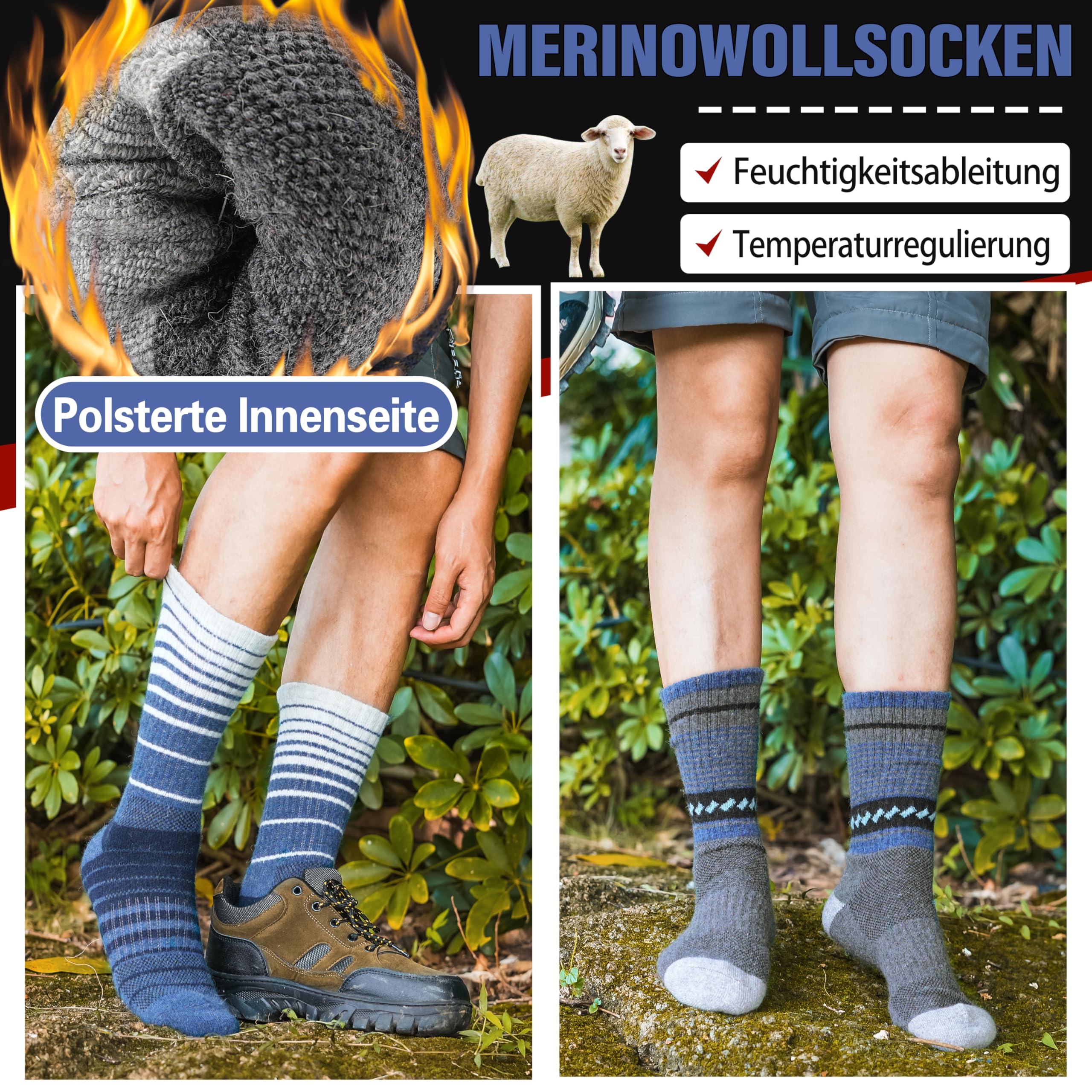 Welwoos Merino Wandersocken für Herren Damen Warme Thermosocken Outdoor Merinowolle Socken Dick Warmesocken Wintersocken Trekking Sportsocken 5 Paar (Blau, 42-46) - Image 2