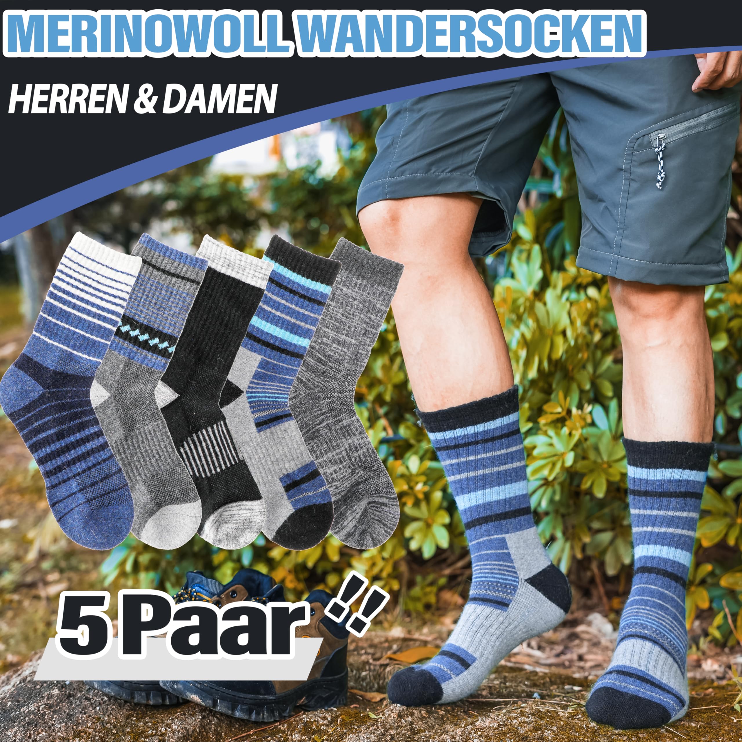 Welwoos Merino Wandersocken für Herren Damen Warme Thermosocken Outdoor Merinowolle Socken Dick Warmesocken Wintersocken Trekking Sportsocken 5 Paar (Blau, 42-46) - Image 3