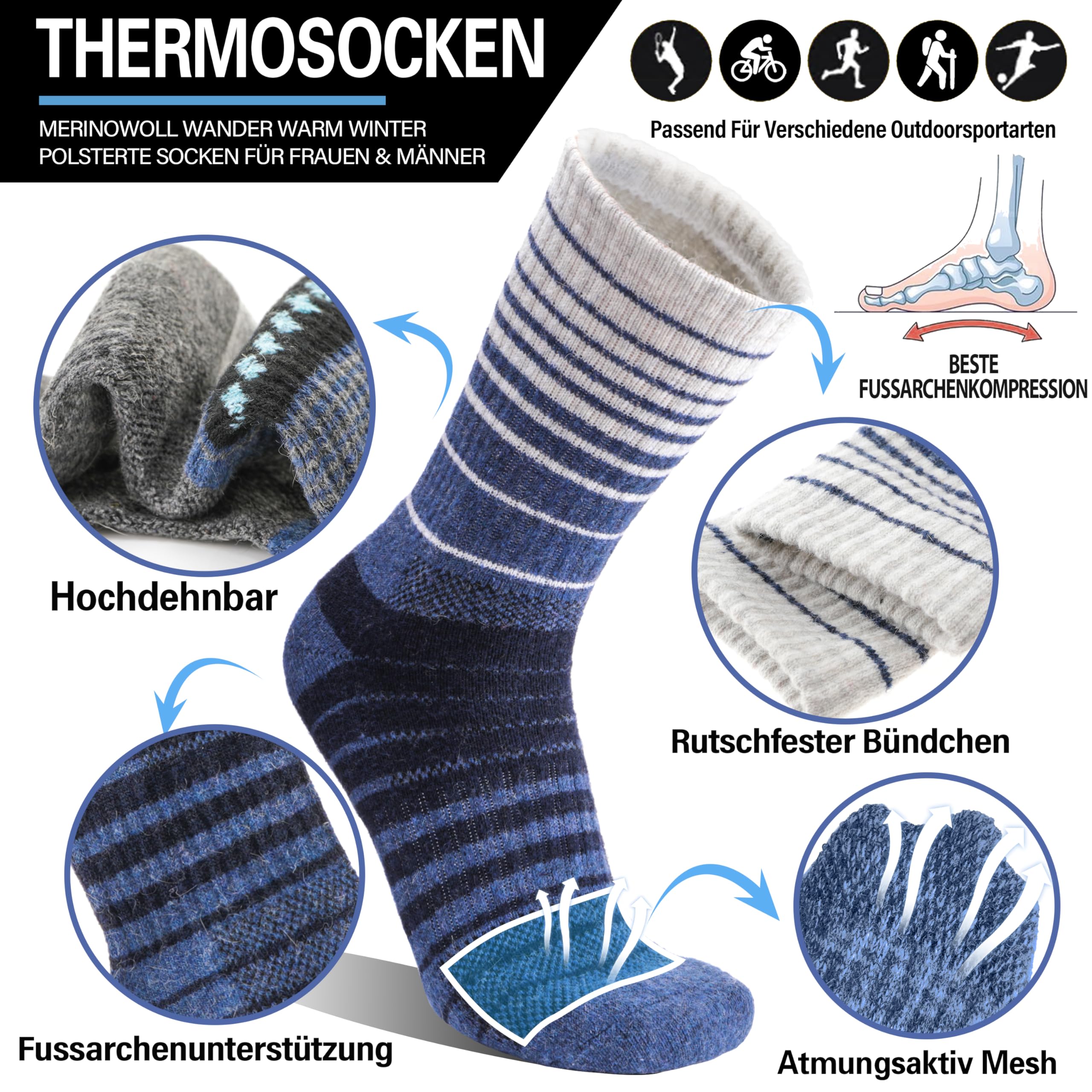 Welwoos Merino Wandersocken für Herren Damen Warme Thermosocken Outdoor Merinowolle Socken Dick Warmesocken Wintersocken Trekking Sportsocken 5 Paar (Blau, 42-46) - Image 4