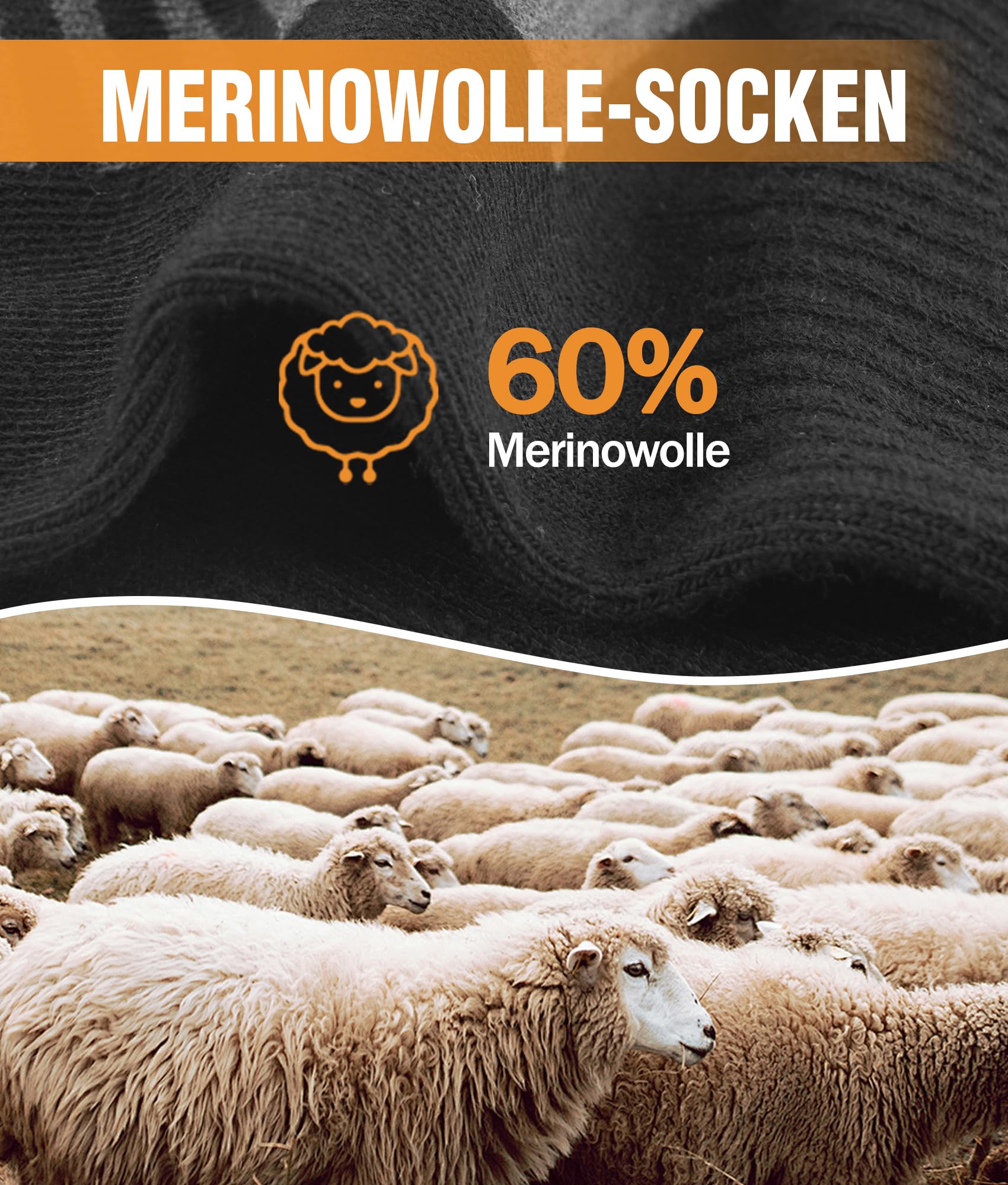 YESWEL 3 Paar Merino Wandersocken Herren Damen, 60% Merinowolle Trekkingsocken, Outdoor sportsocken, Wintersocken Gepolstert für Trekking Sport Schwarz M - Image 2