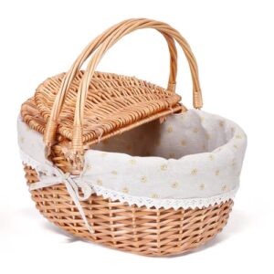 Picknickkorb, Picknickkorb mit Doppelt zu öffnendem Deckel und Klappbarem Griff, Handgewebter Korb mit Herausnehmbarem Baumwollfutter für Picknicks, Camping, Obstpflücken(Gelb/40x34x19CM)