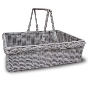 HABAU Picknickkorb Grau – Serviertablett & Tragekorb aus Kunststoff-Geflecht mit Metallrahmen – Stabiler Korb mit Griffen, Filzboden, 46 x 34 x 17 cm – Ideal für Picknick & Haushalt
