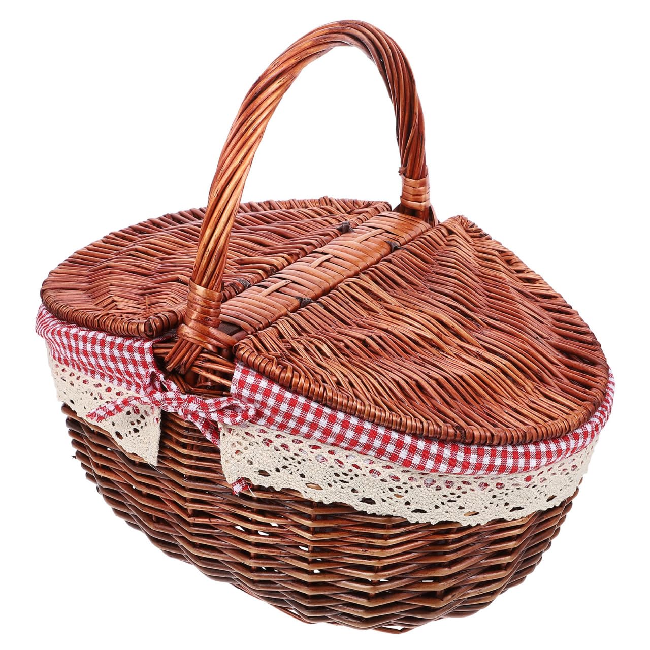 UKCOCO Picknickkorb Groß Weidenkorb mit Doppeldeckel (40,5 cm) - Vintage Einkaufskorb mit Henkel & Rot-Weiß Kariertem Inlett - Romantischer Präsentkorb Leer für Camping, Ausflug & Geschenke