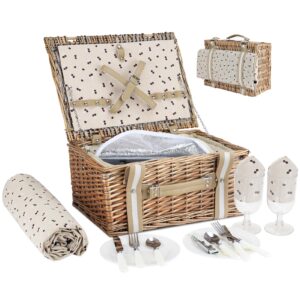 G Good GAIN Picknickkorb 2 Personen aus Weidenholz,mit Großer Isolierter Kühltasche und Wasserdichter Picknickdecke, Picknick Set Korb aus Weidengeflecht, für Camping,Outdoor,Valentinstag,Weihnachten
