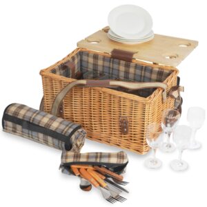 CampFeuer Picknickkorb 4 Personen mit Geschirr-Set und Serviertisch | 25-teilig | Picknickkoffer mit kariertem Innenmuster | Weidenkorb mit Kunstlederriemen | Picknicktasche, Picknick Set