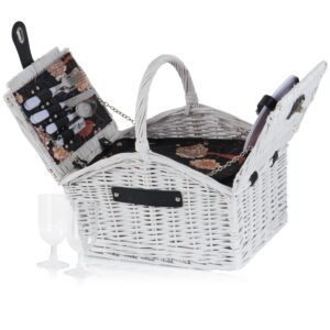 CampFeuer Picknickkorb 2 Personen mit Geschirr-Set und Kühlfach | 12-teilig | Weiß | Picknickkoffer, Weidenkorb mit Kunstlederriemen | Picknicktasche, Picknick Set, Picknickzubehör, Komplettset